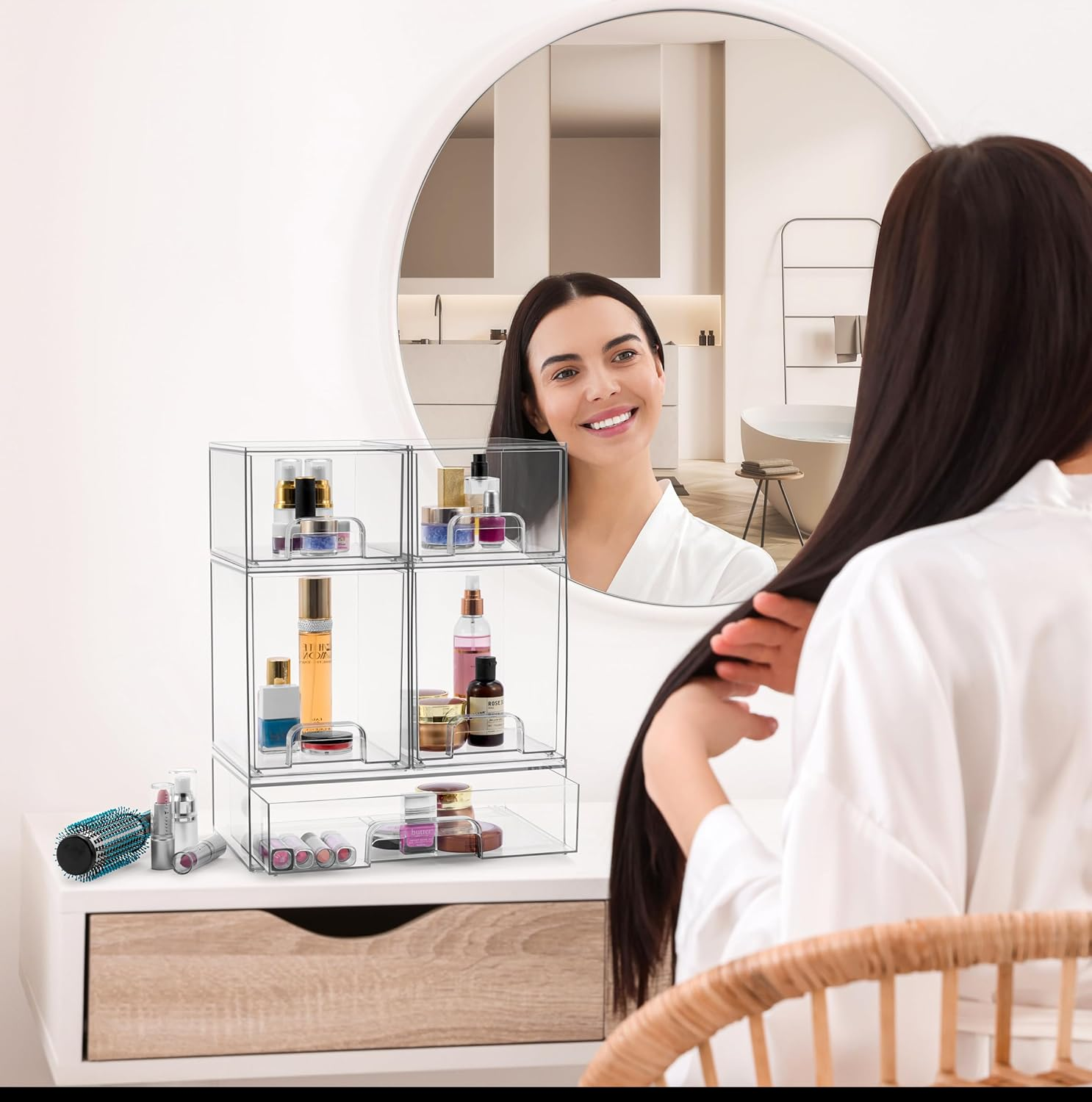 Sorbus Acrylic Storage Containers - 5 Pack, Stackable Storage Bins Set for Bathroom Organization - Clear Acrylic Drawer Organizers - Makeup Case Pull-Out Drawers (7.6&rsquo;&rsquo; and 4.4&rsquo;&rsquo; Tall and 12.1&rsquo;&rsquo; Wide) image number 6