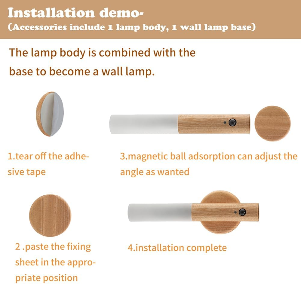 WCIC Motion Sensor Night Lights Magnet Body Sensor Hallway Night Lights Rechargeable Led Light Portable Stairway Night Lights Wooden Wall Sconce Battery Powered Cabinet Lights (White Ash 2PCS) image number 2