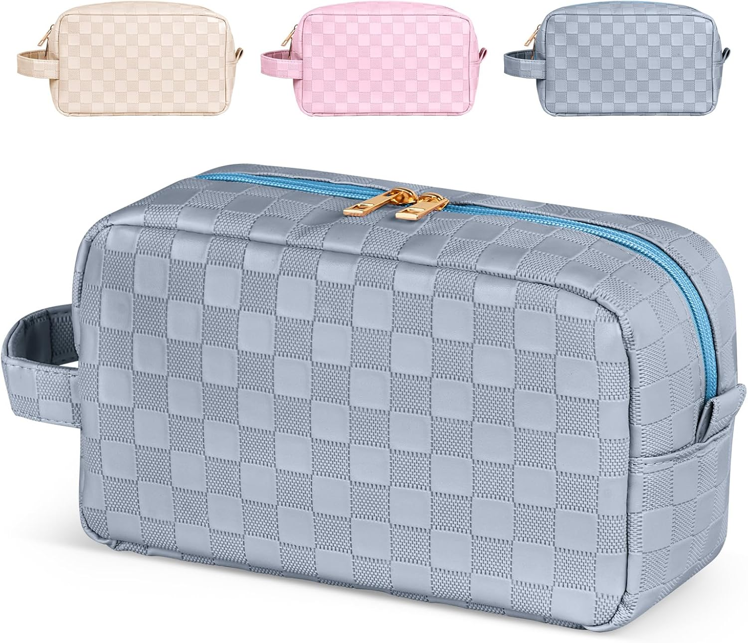 MAGEFY Small Makeup Bag for Purse, Checkered Makeup Bag Small Pouches for Purse Leather Mini Make up Bag Cute Cosmetic Bag for Women with Slip-In Pockets (Beige)