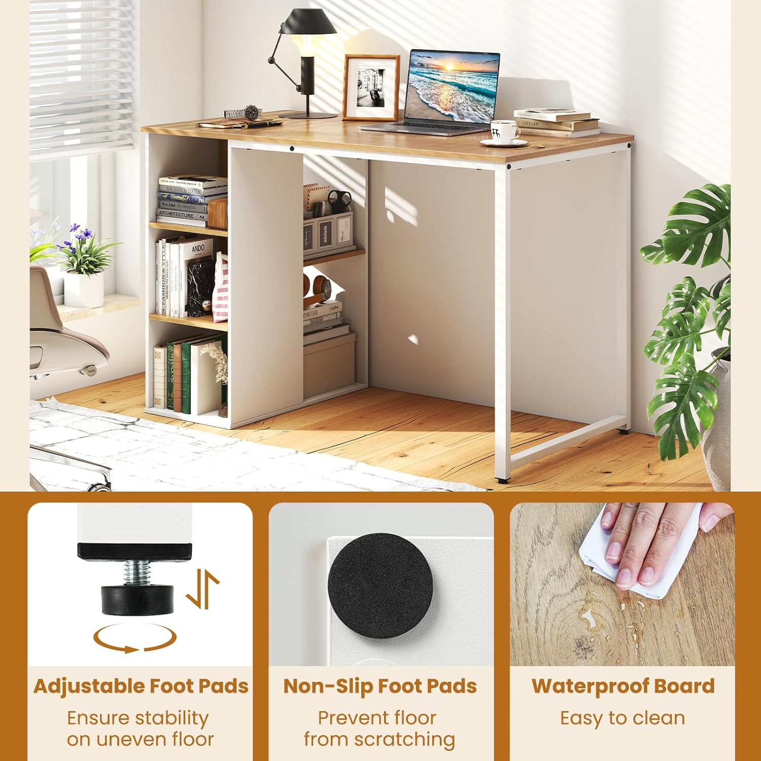 Giantex 115Cm Computer Desk, Modern Home Office Desk with 5 Storage Compartments, Multipurpose Writing Desk PC Workstation, Laptop Desk with Heavy-Duty Metal Frame for Study Room, Bedroom