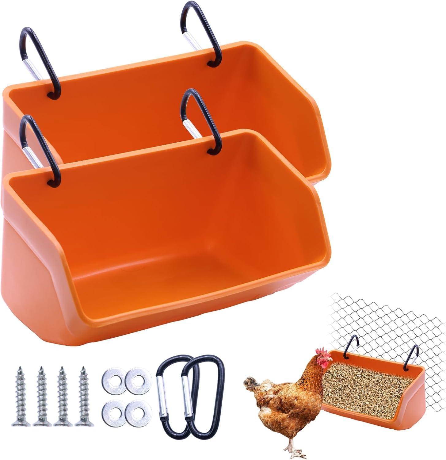 Fence Hanging Chicken Feeder - 2 Pack Feed Trough with Clips for Goat Duck Sheeple Horse Goose, Pig Poultry, Chicken Feeder Bucket Feeding Container (Orange) image number 3