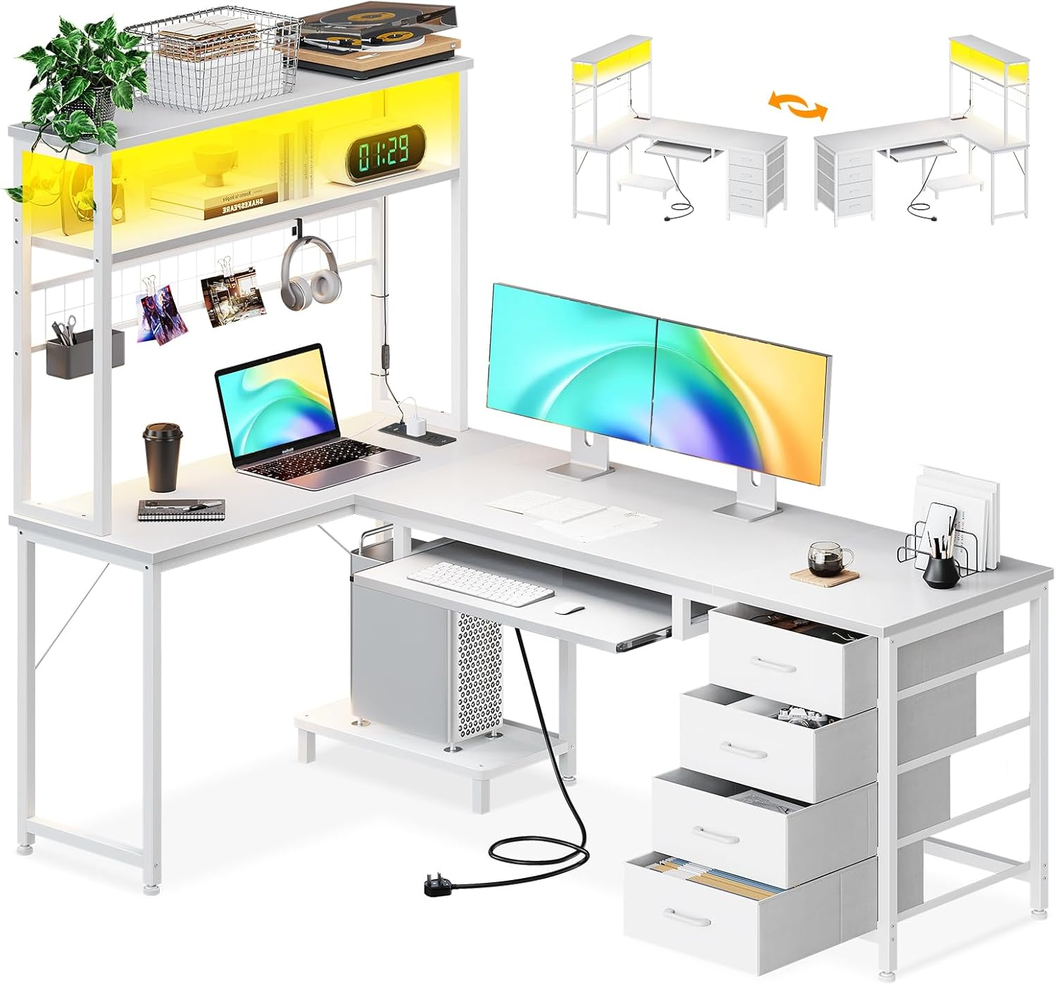 ODK 59Inch Reversible Computer Desk with Drawers,Corner Office Desk with LED Lights & Power Outlets, L Shaped Desk with Shelf & Extendable Keyboard Tray, Study PC Gaming, 149.5 * 100 * 149.5Cm, Black