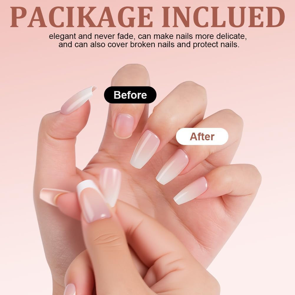 BUTBU Pack of 240 False Nails Tips Set, French False Nails for Sticking, 12 Sizes French Press on Nail Set, Fake Nails with Glue for Women and Women (Colour Gradient Long Coffin Nail Tips) image number 2