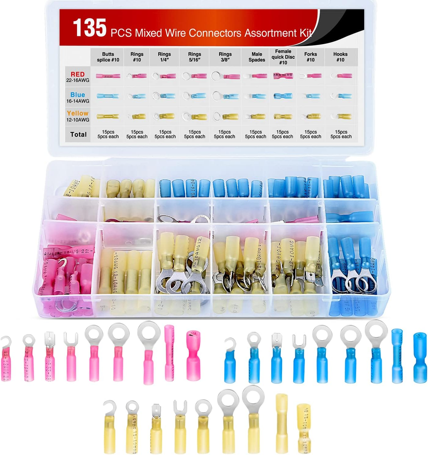 Nilight 135 PCS Heat Shrink Wire Connectors - Electrical Terminals Kit - Marine Automotive Crimp Connector Assortment - Ring Fork Hook Spade Butt Splices image number 5