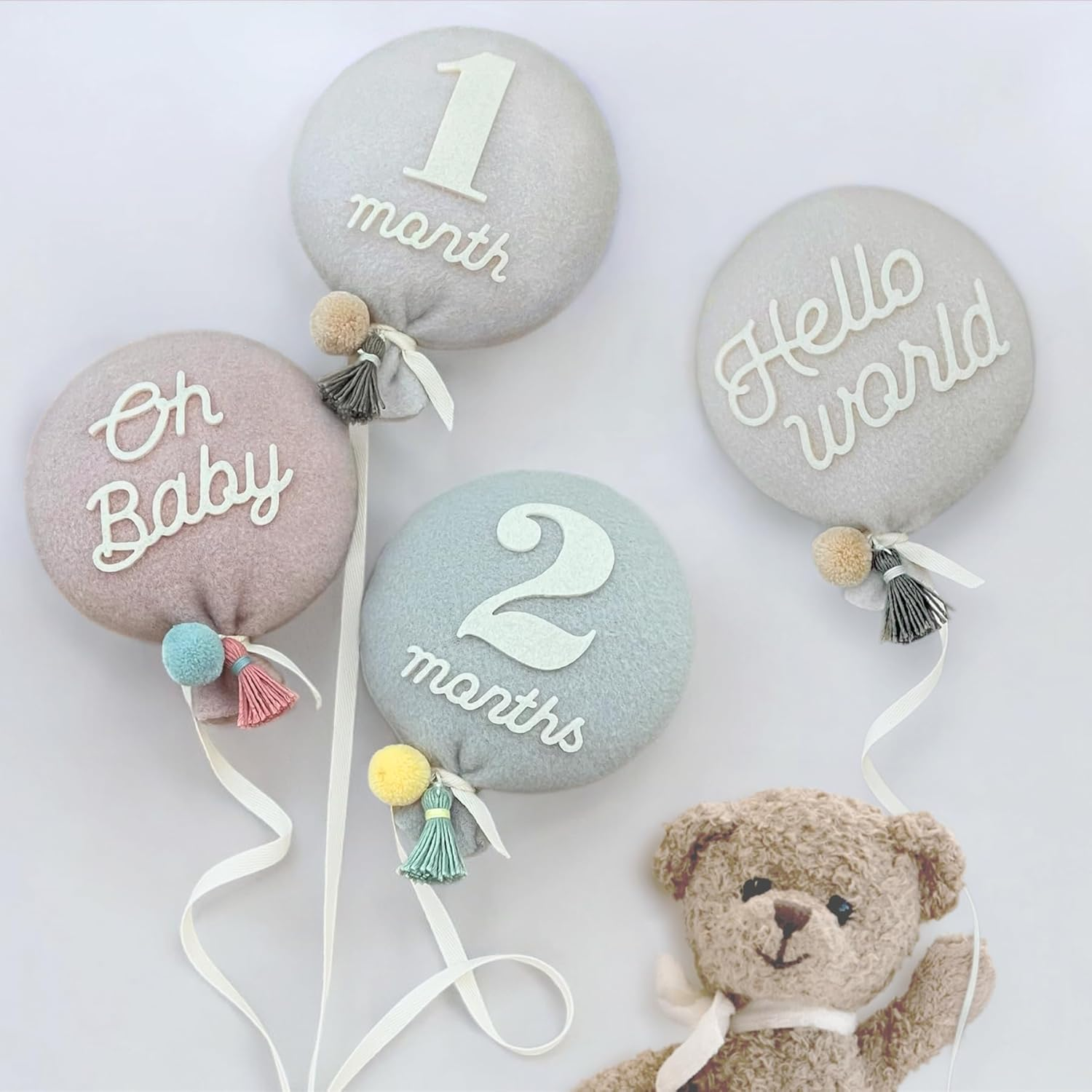 Balloon Baby Monthly Milestone Marker Signs, Photo Prop for Photoshoot | Stuffed Plush Balloon, Tassel, Pompom | Birth Announcement, Gender Neutral Baby Shower, Newborn Gift Set (Dusty Pink)