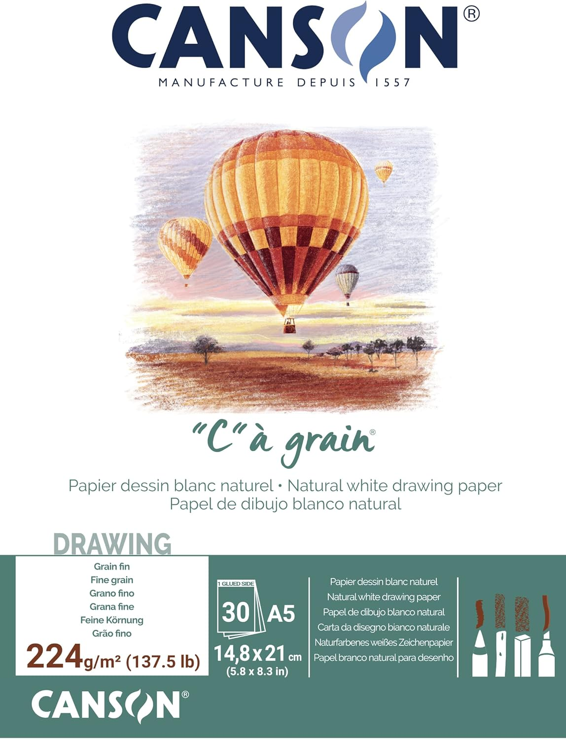 Canson C &Agrave; Grain A5 224G White Drawing & Sketching Paper Pad, 30 Sheets, Fine Grain Texture, Glued on Short Side, Ideal for Professional Artists image number 1