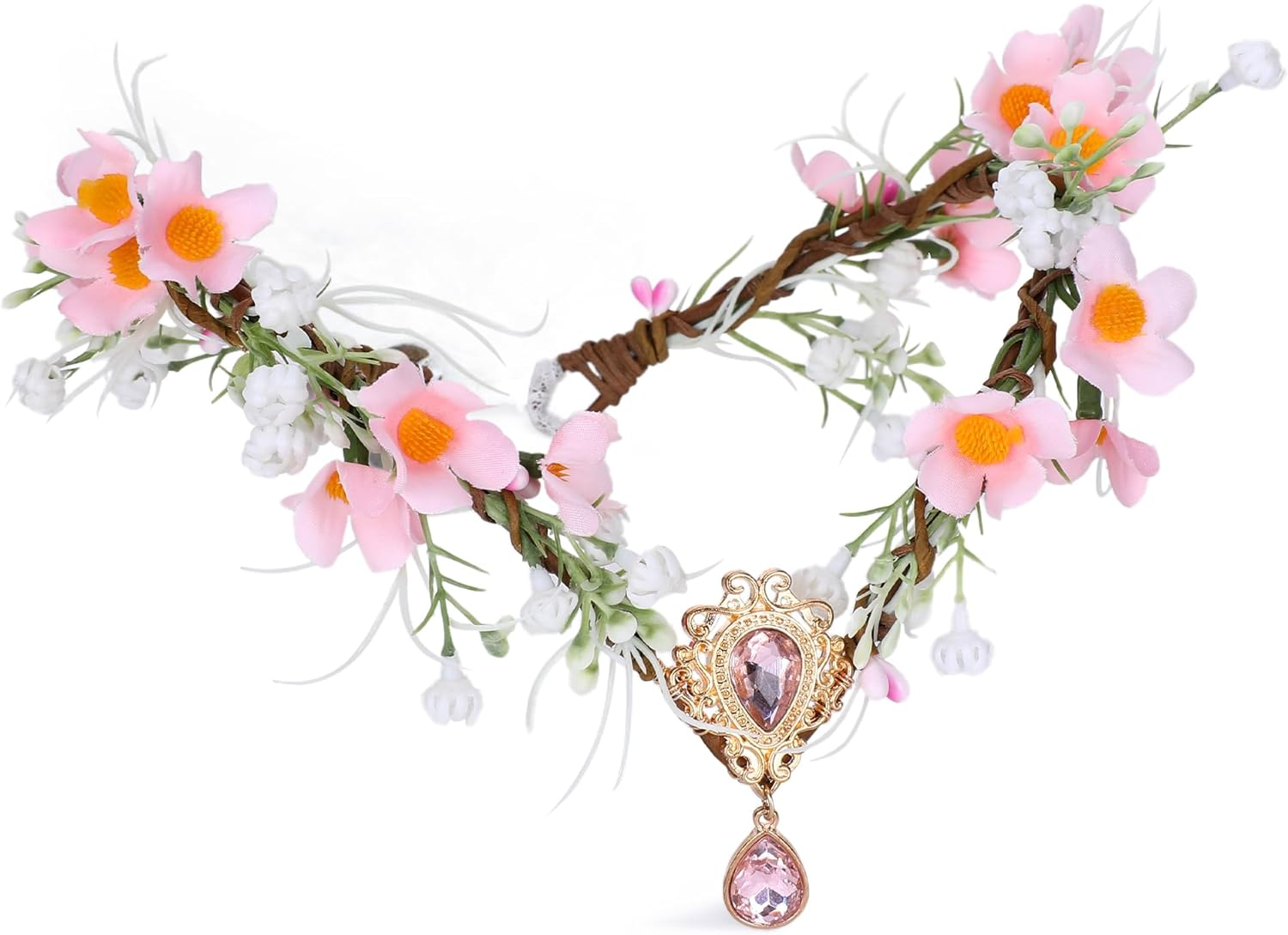 MOSTORY Woodland Fairy Crown for Renfaire Women Cosplay, Pink Forest Flower Elven Cirlet for Halloween Party image number 3