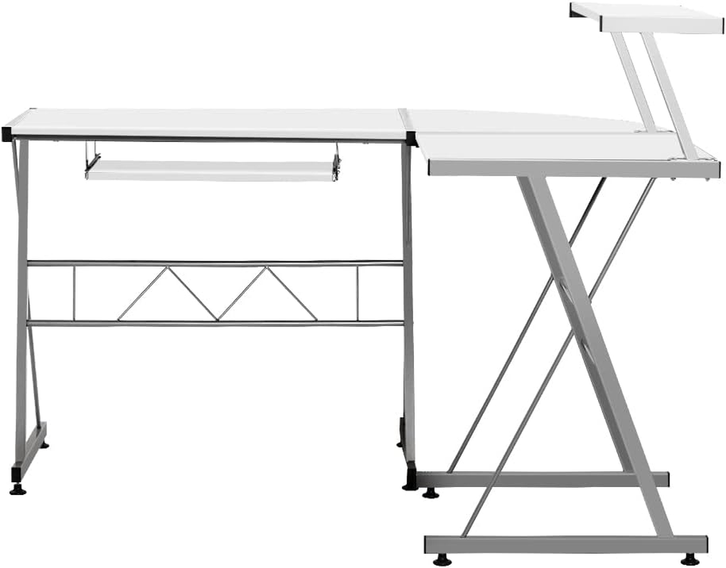 Office Computer Desk Corner Table Metal Pull-Out Keyboard Tray Top Shelf White Home Office Study Student