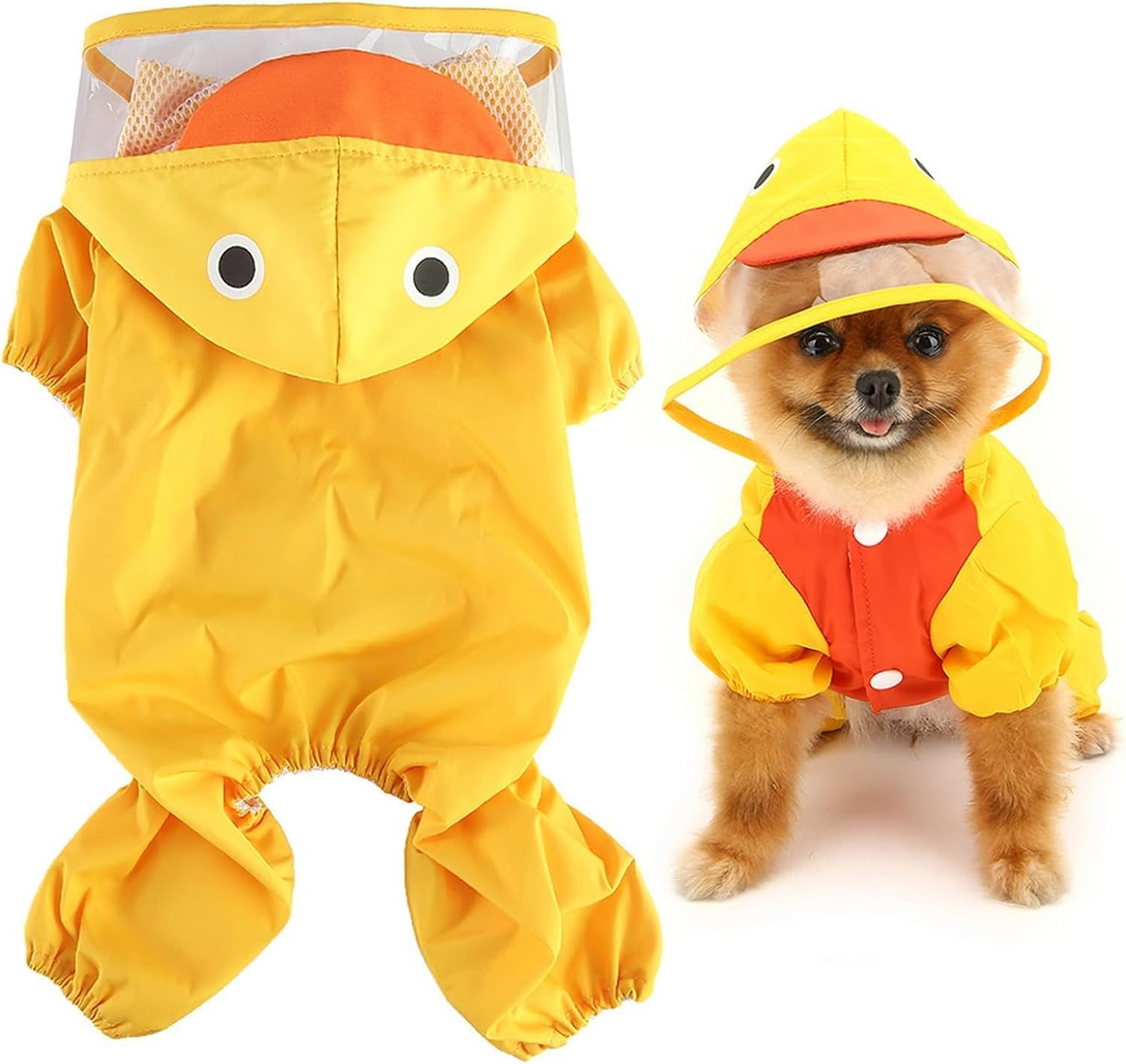 Cute Duck Raincoat for Small Dogs, Rain Jacket with Hooded D-Ring Puppy Bottom, 4 Leg Jumpsuit, Lightweight Waterproof Clothing (Yellow, XS) image number 2