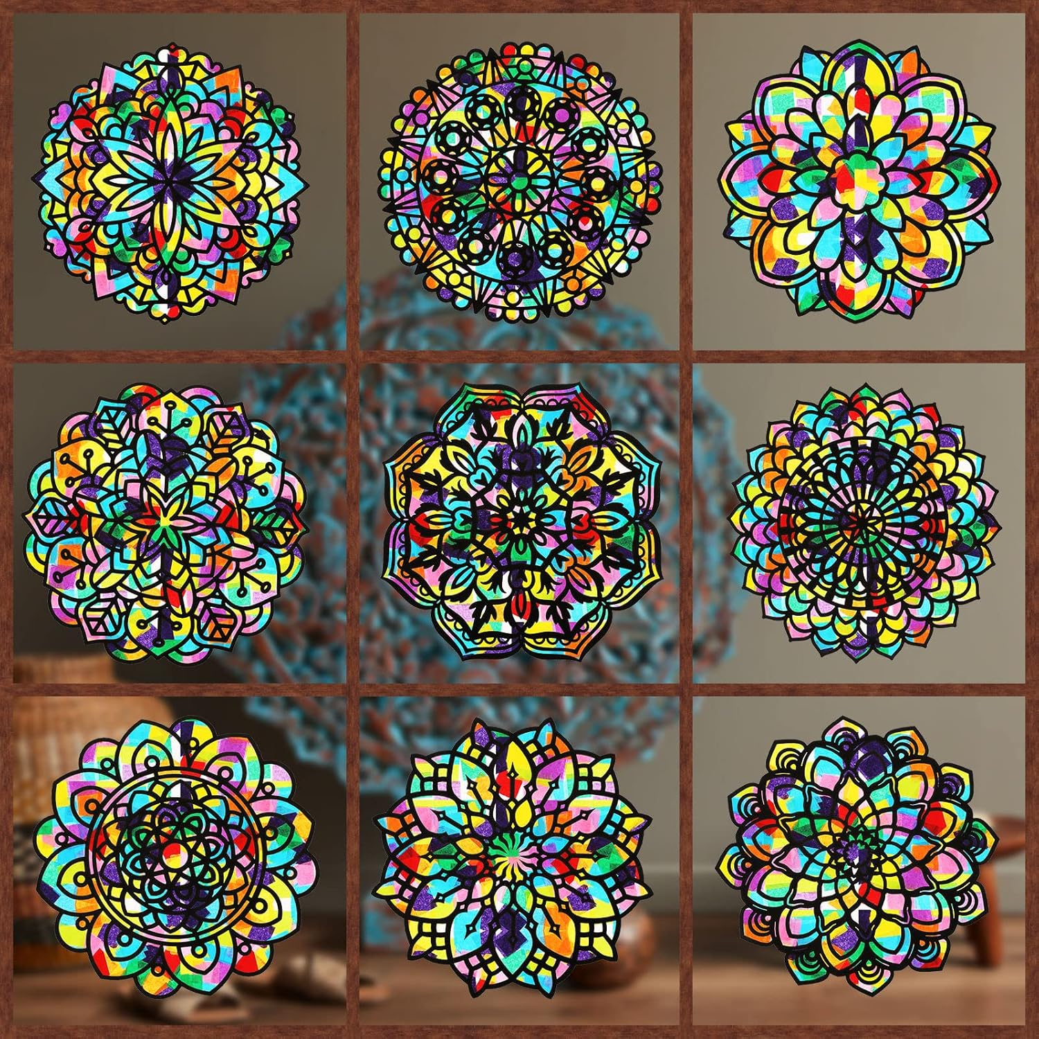 18 Pack Color Mandala Window Clings DIY Stained Glass Kits Suncatchers for Windows Arts and Crafts DIY Kit for Adults Mandala Sun Catcher for Beginner Kids Teens, 6 X 6 Inches image number 2
