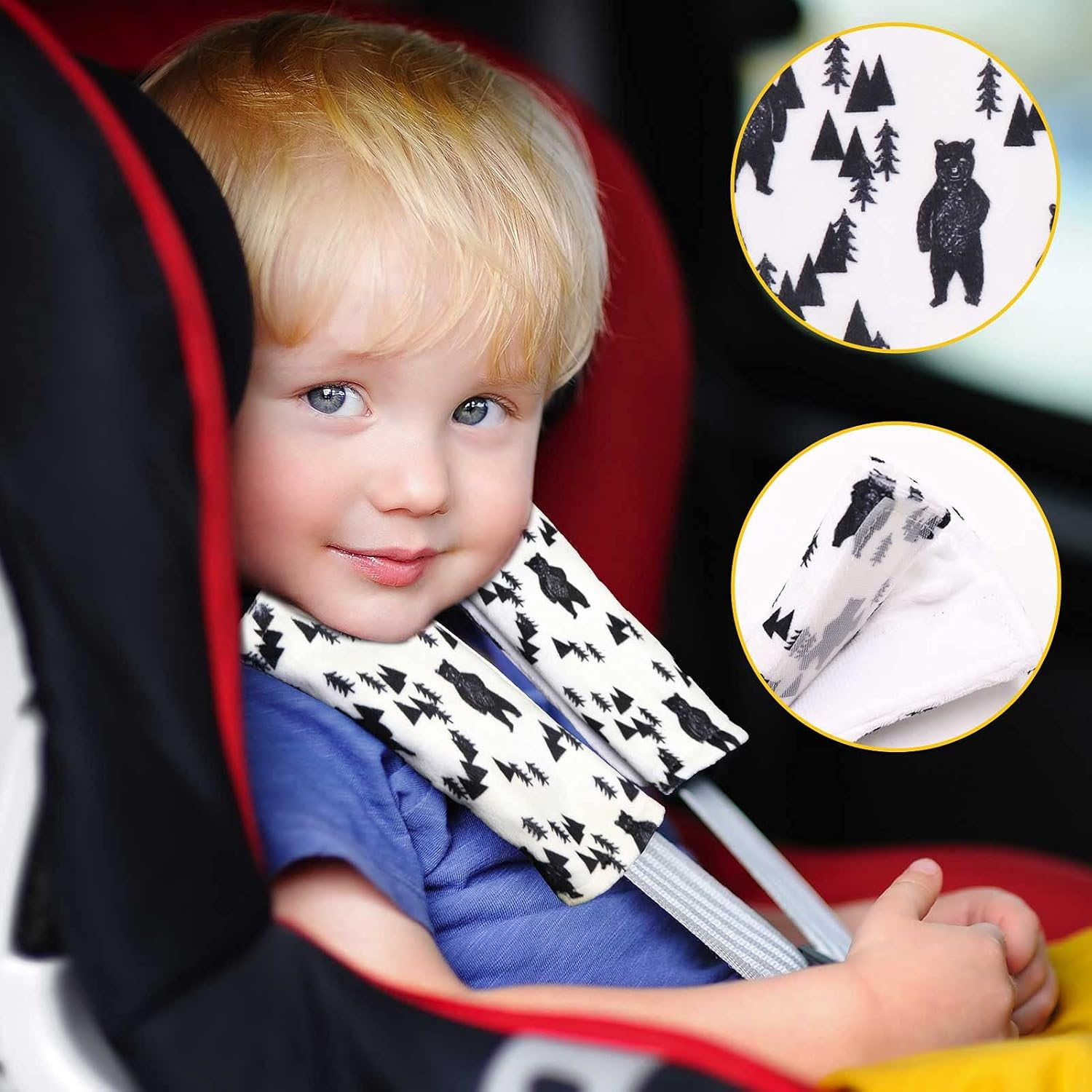 Baby Car Seat Belt Covers, Adventure Mountain Car Seat Straps Shoulder Pads for Girls Boys, Minky Seat Belt Protectors for Car Seats/Pushchair/Stroller, for Kids Newborn Infants Toddlers - Bear image number 4