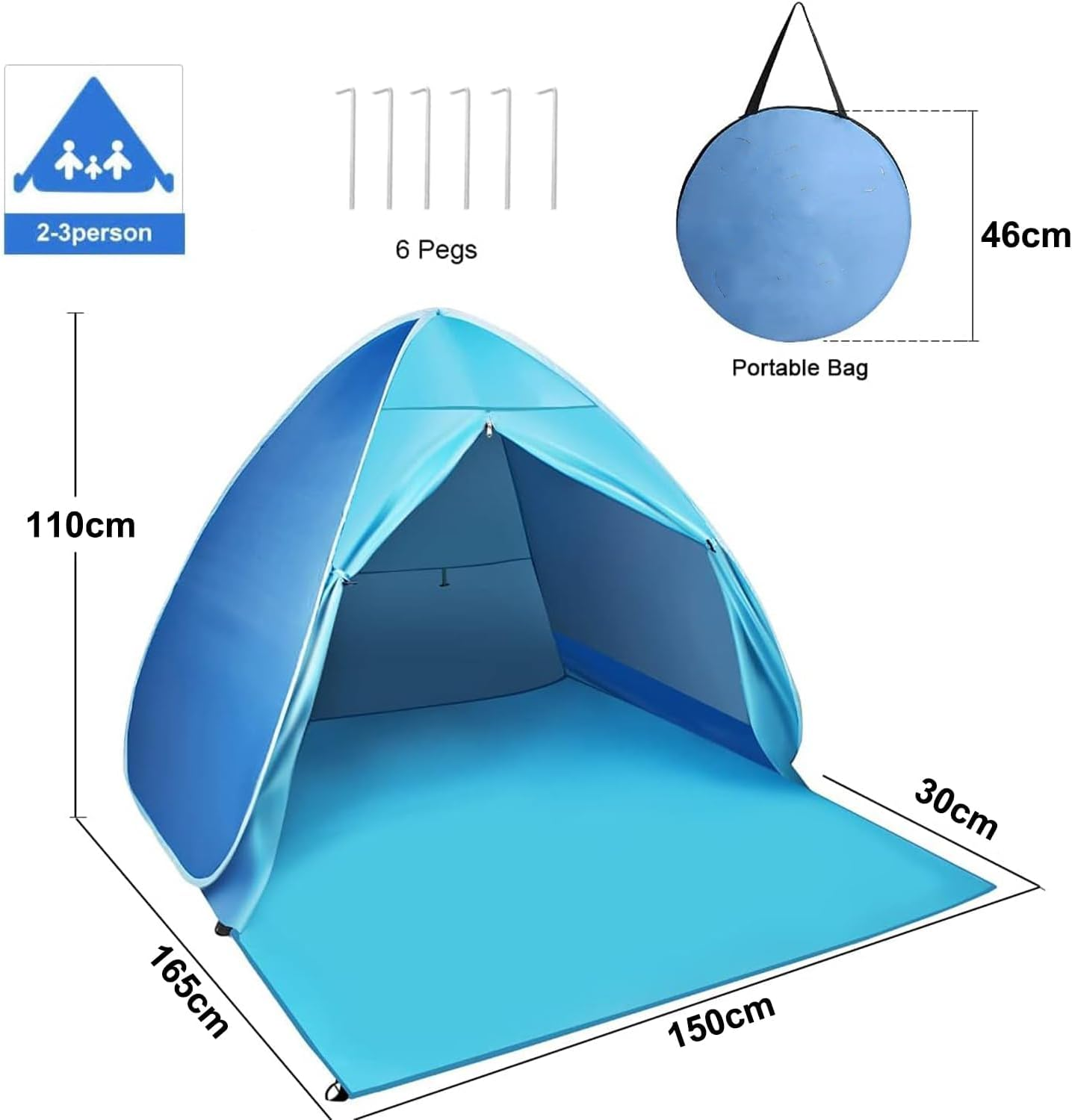 Beach Tent, Easy Pop up Beach Shade, Portable Beach Tent with Carry Bag, anti UV Instant Portable Tent Sun Shelter, UPF 50+, for 2-3 Person, for Camping Fishing Hiking Picnic Touring image number 5
