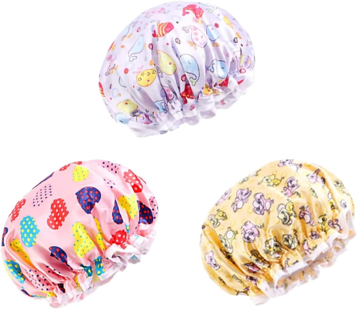 Large Double-Sided Waterproof Shower Cap for Children, 3-Piece Reusable Girls' Bathing and Hair Care Cap with Elastic Band, Spa Salon Bathing and Hair Care Cap - Mecus image number 5