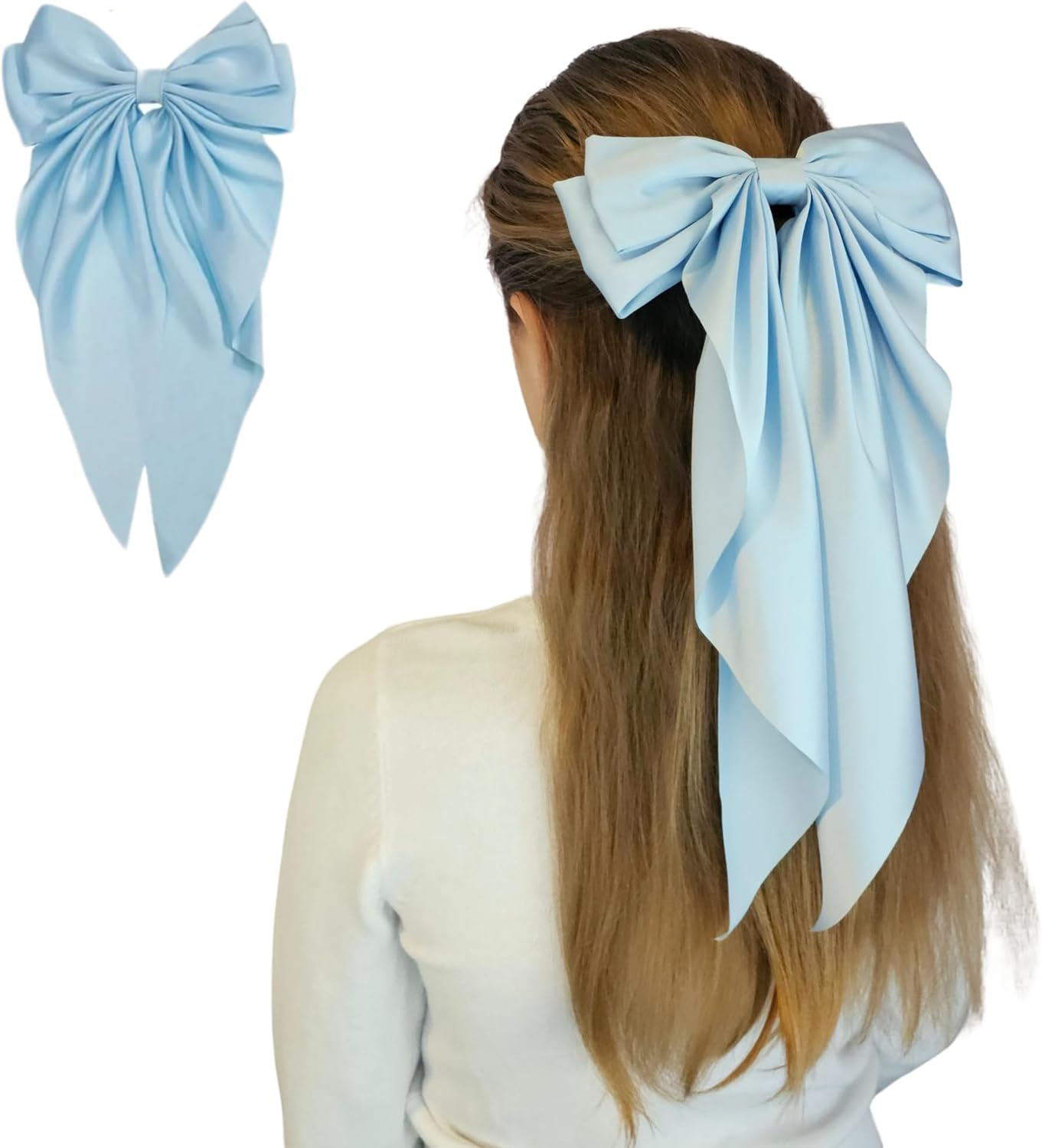 Silky Satin Hair Clips with Long Ribbon Big Bows Long Satin Bows with Ponytail Big Silky Bow for Girls Ponytail Accessories Wedding Hair Accessories for Women and Girls