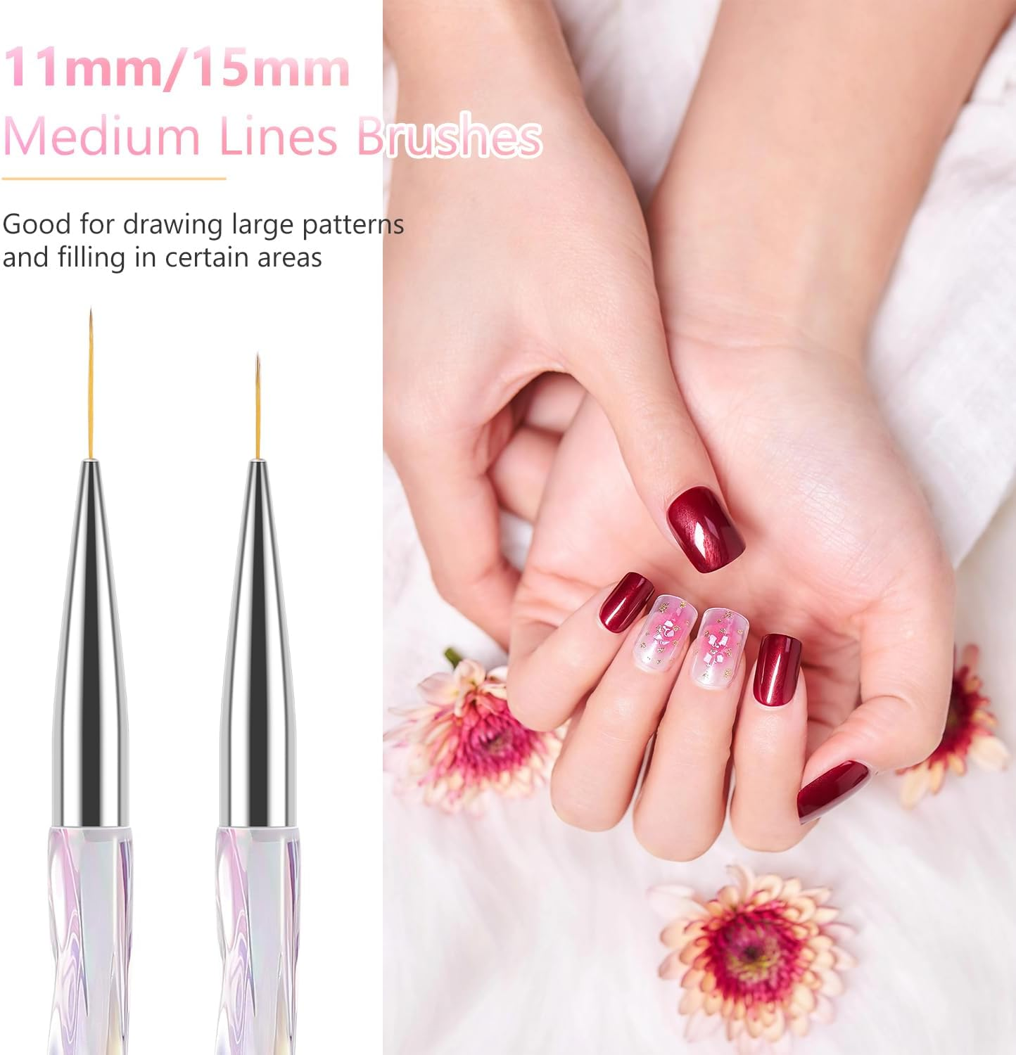TEOYALL - Nail Art Liner Brushes, 7/9/11/15/20Mm Fine Line Nail Art Brushes Precision Fine Brushes for Drawing Detail image number 2