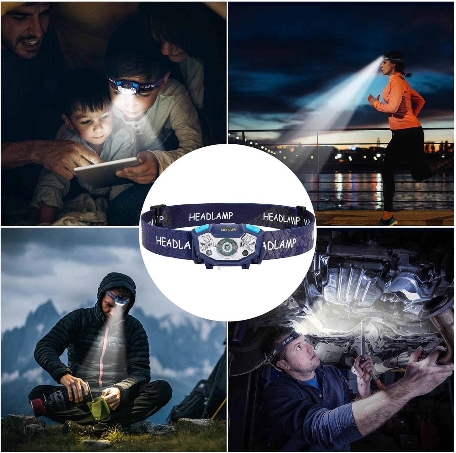 LETOUR Headlamp Head Torch, 1000 Lumens Super Bright Lightweight Headlight 5 Lighting Modes, Motion Sensor Control with Red Light, Waterproof Headlamps Flashlight for Camping Cycling Running Fishing image number 3
