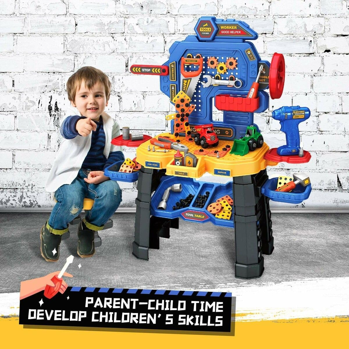 KIDBOT Kids Toy Tool Bench Set, 181PCS Workbench Construction Workshop with Electric Drill and Realistic Tools Toy for 3+ Years Old Kids,Educational Builder Pretend Role Play Toy image number 2