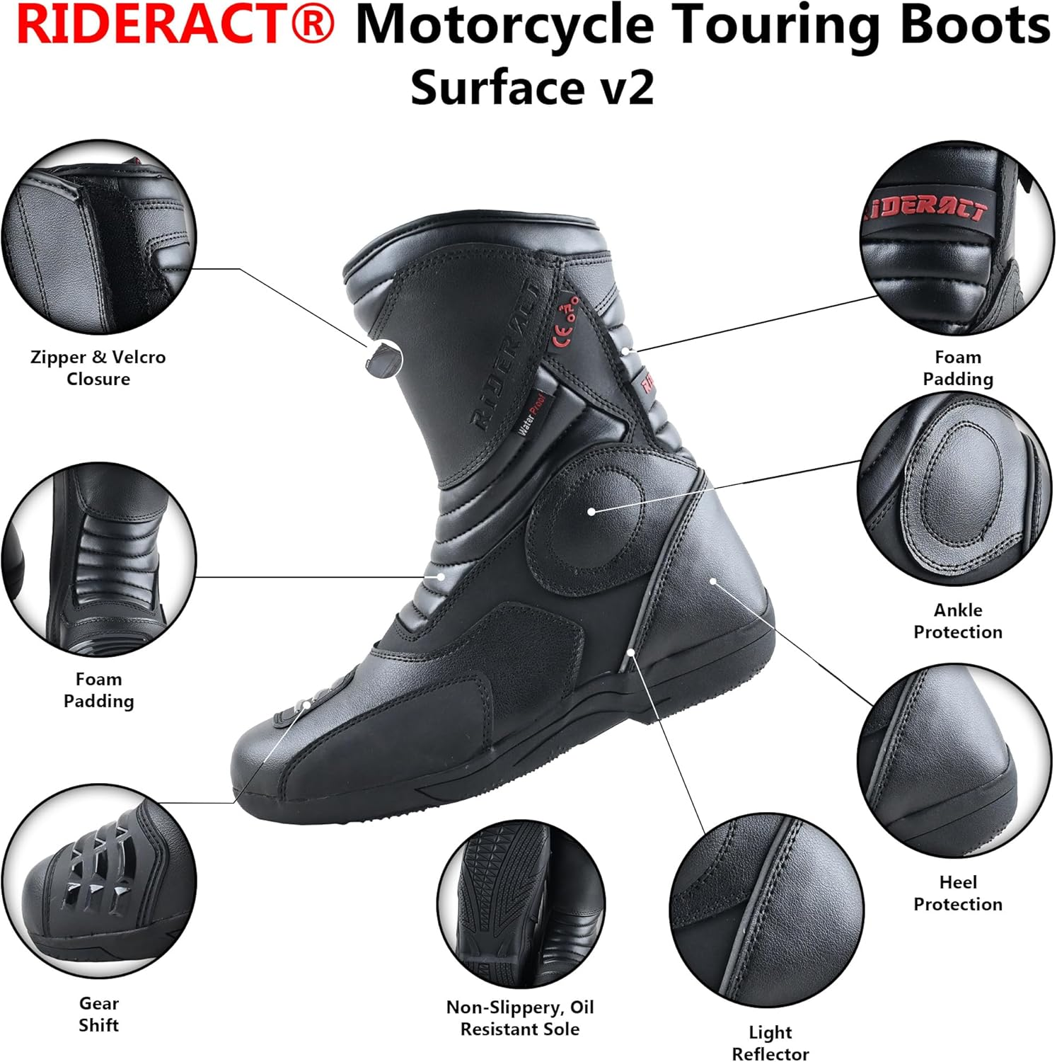 RIDERACT&reg; Waterproof Motorcycle Boots Mens Surface V2 Moto Boots Black Biker Adventure Shoes Motorbike Touring Boot Motocross Protective Footwear Casual Breathable Powersports Shoes image number 4