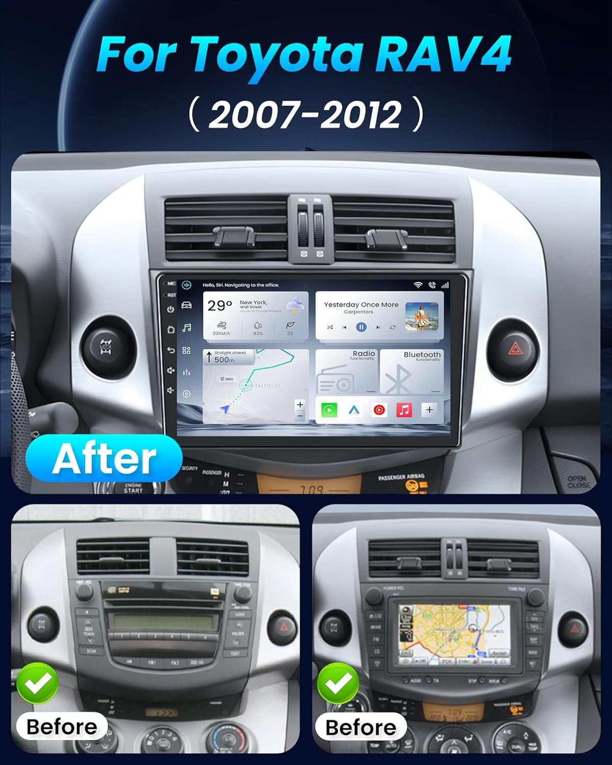 Car Radio for Toyota RAV4 2007-2012: [2G+64G] 9 Inch 1280 * 800 Touchscreen Stereo Replacement with Wireless Carplay Android Auto, Built-In Bluetooth, GPS, Wifi, FM, SWC, Mirror Link Backup Camera image number 3