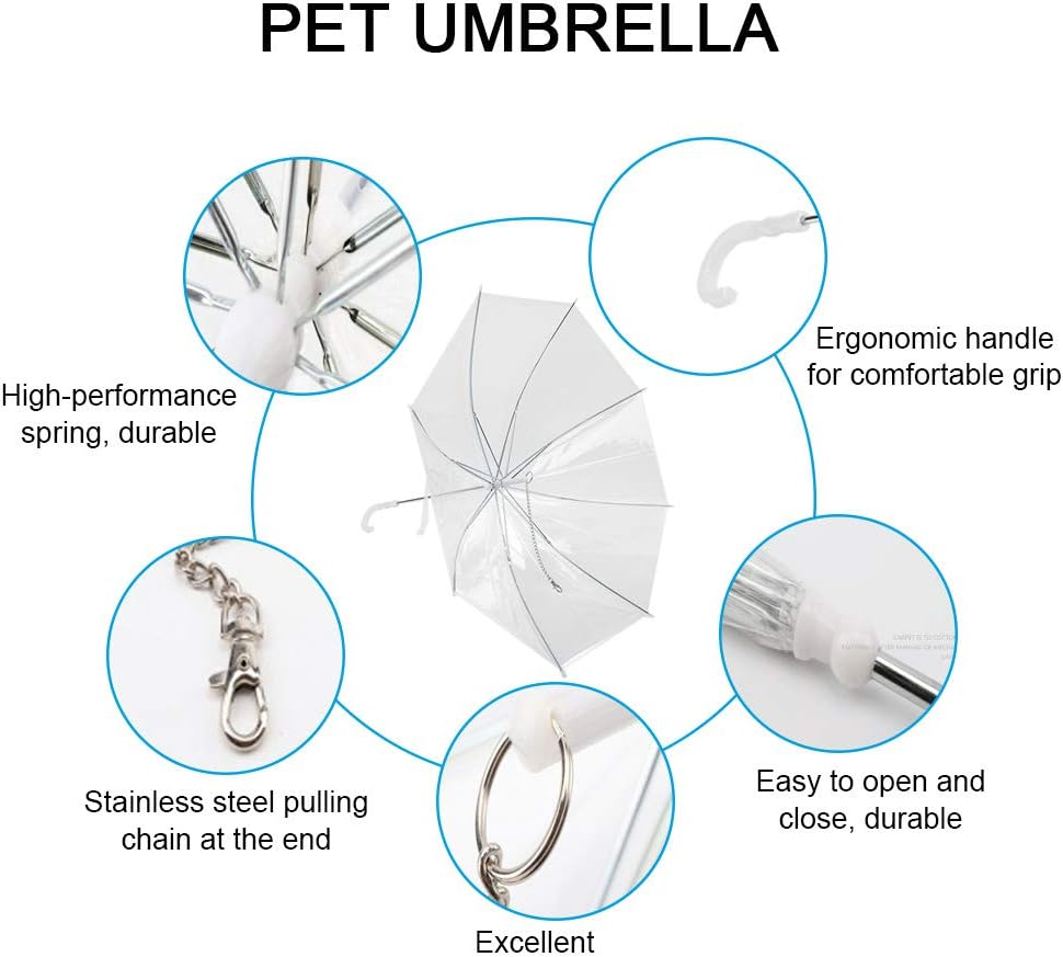 Pet Umbrella, Snow Proof Rainproof Dog Cat Umbrella, Stainless Steel Ribs, for Walking Out with Pet Rainy Days as a Pulling Rope Cat/Dog/Small Pets(Transparent) image number 6