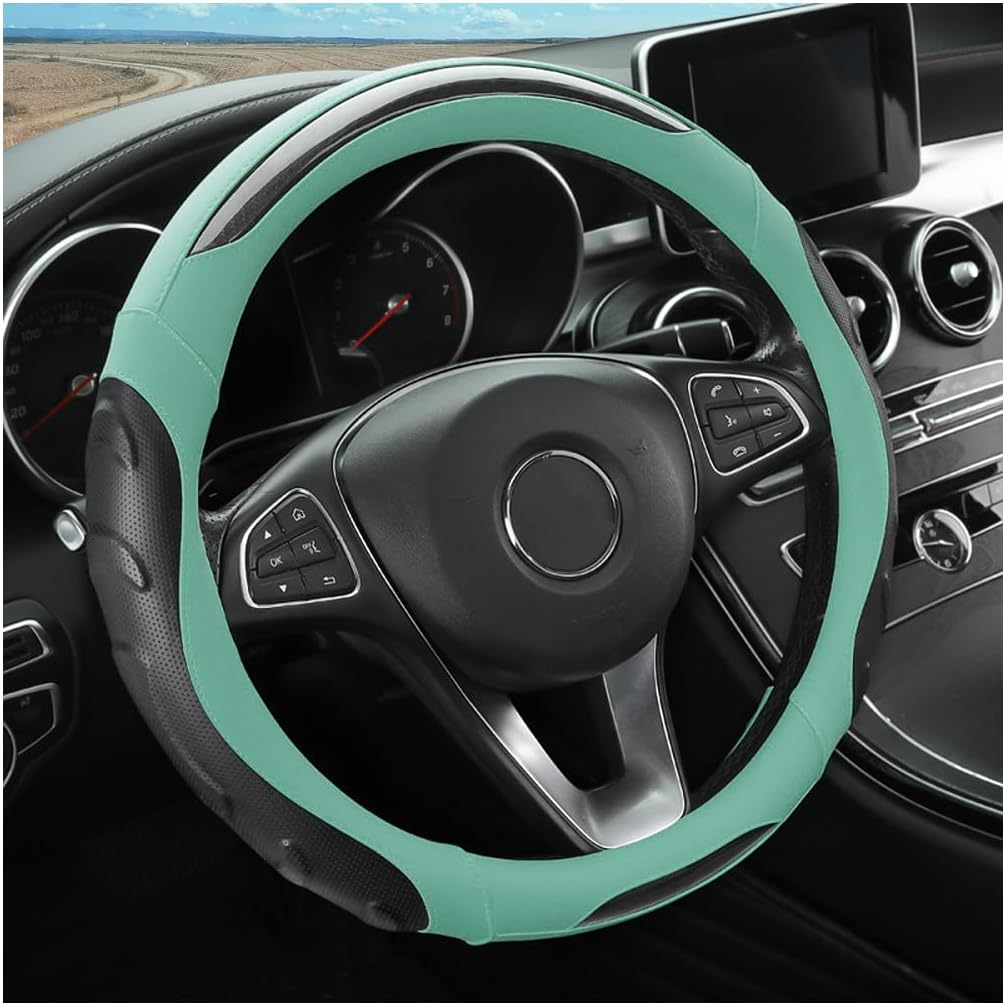 Leather Steering Wheel Cover, Auto Car Stretch Steering Wheel Protector, Universal 15 Inch Anti-Slip Breathable Odorless Steering Wheel Cover for Men Women (Black/Blue)