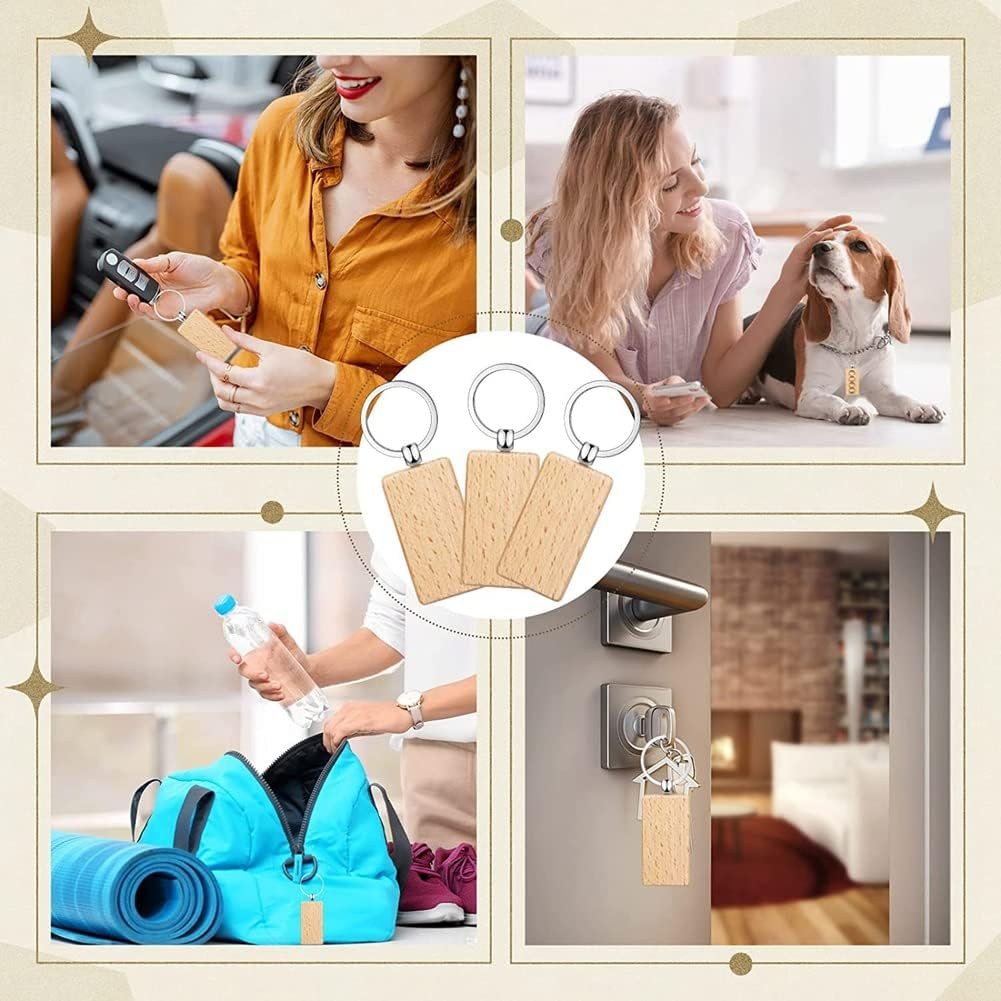 50 Pieces Blank Wooden Key Tag Key Engraving Blanks Unfinished Wood Keychain Key Ring Key Tags for DIY Crafts,Rectangle image number 2