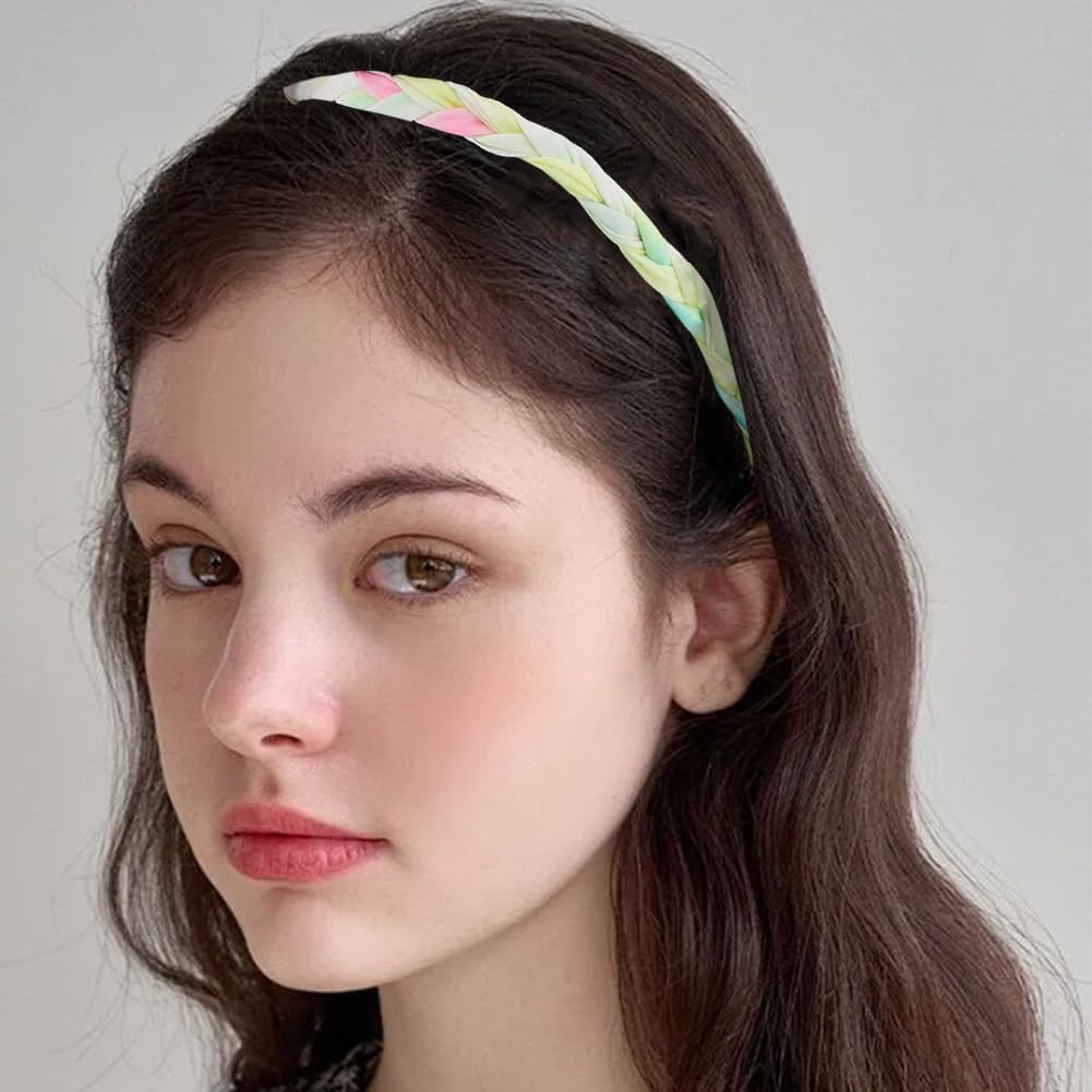 SOFPLATE 4Pcs 4 Colors Elastic Woven Headbands Thin Colored Fabric Headbands Adjustable Rainbow Polyester Stretch Spandex Cloth Tie Dye Hairbands Accessories for Short Long Hairstyle DIY Decoration image number 6
