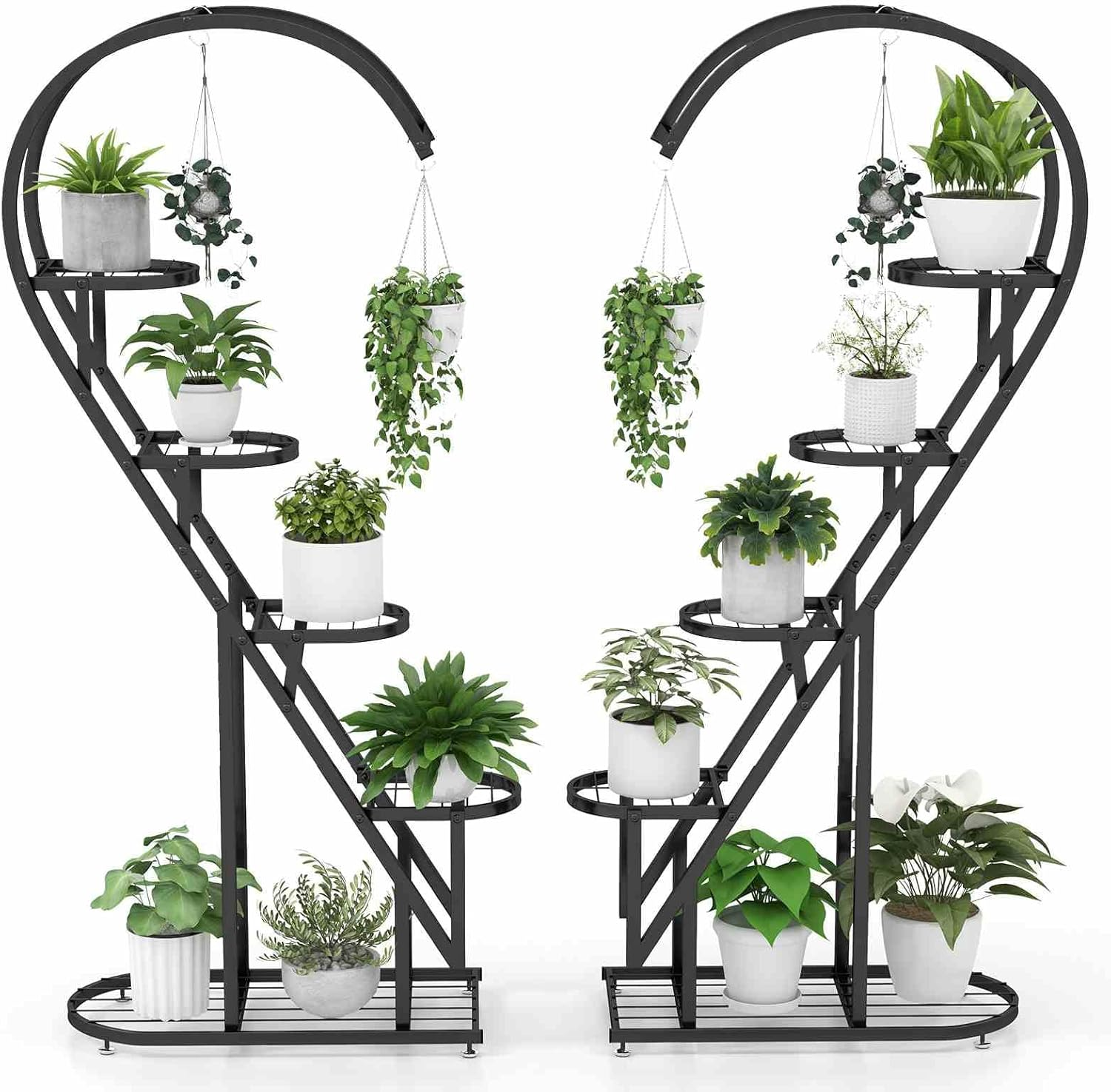 Costway 5 Tier Metal Plant Stand, Heart-Shaped Ladder Plant Shelf W/Hanging Hook for Multiple Plants, Indoor Tiered Flower Display Shelf for Living Room Bedroom Balcony (2 Pack) (Black)