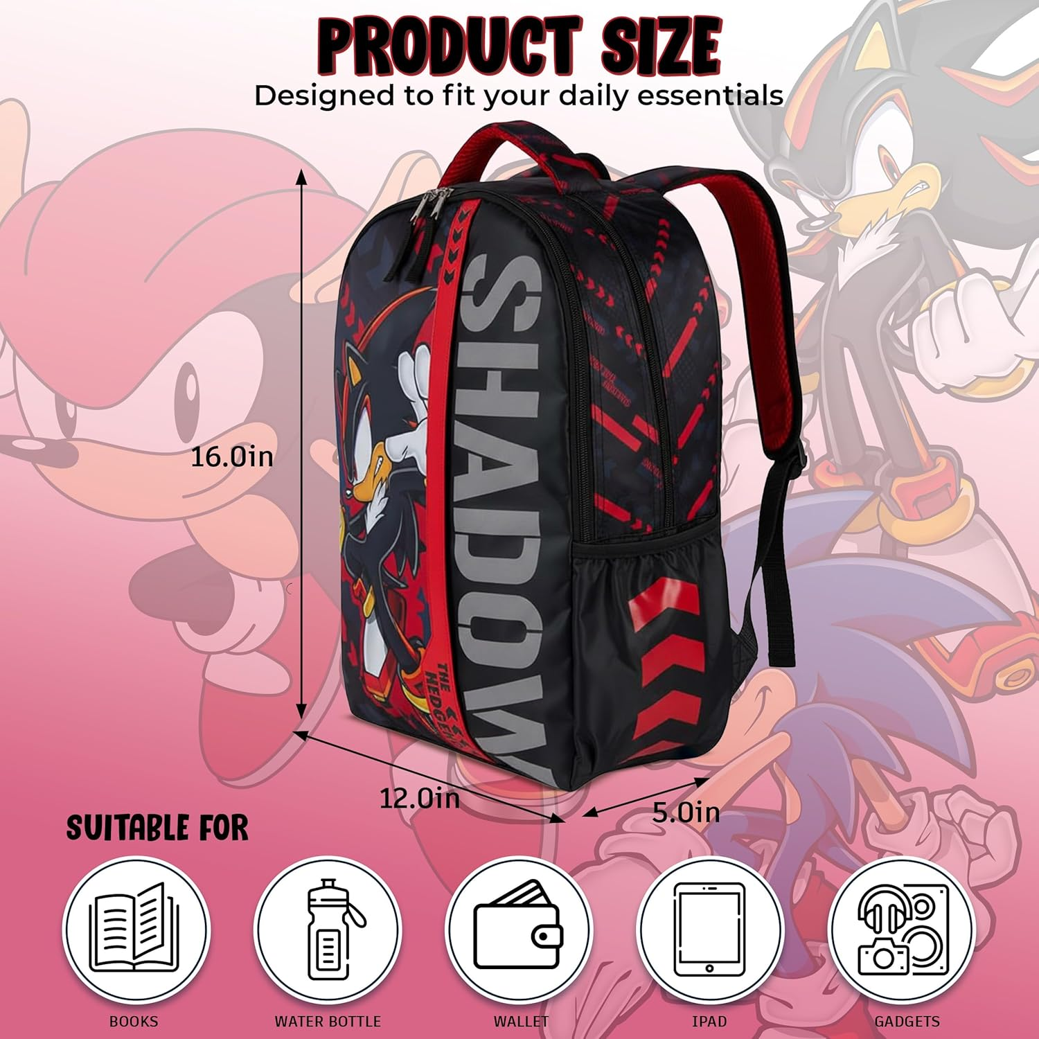 AI ACCESSORY INNOVATIONS Sonic the Hedgehog Backpack for Boys & Girls, Shadow 16 Inch Schoolbag with Reflective Ink, Black