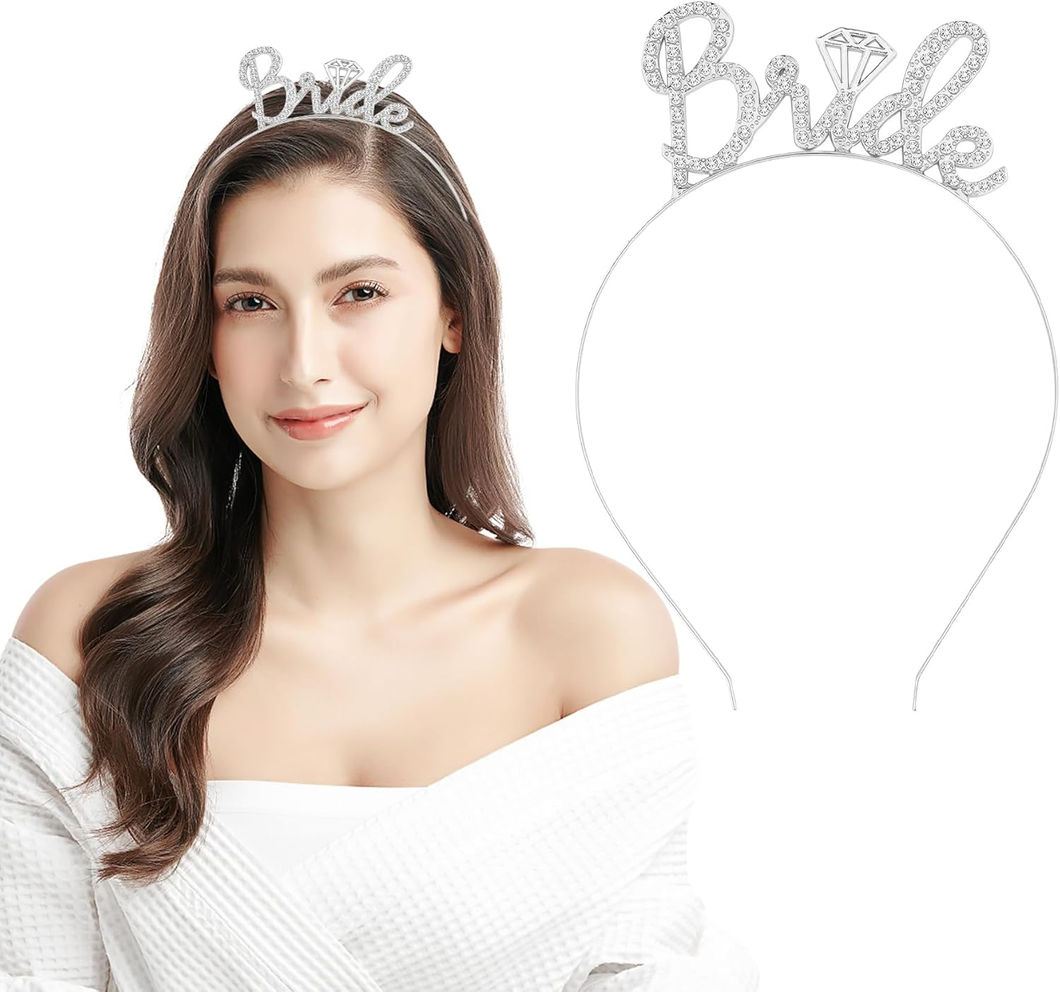 AUEAR, Rhinestone Bride Headband Elegant Bride Crown Bachelorette Party Headbands (Silver)