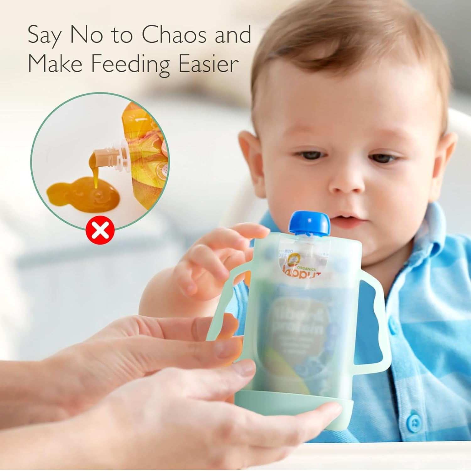 Squeeze Pouch Holder for Food Pouches and Juice Boxes, Mess-Free Self-Feeding, Easy-Grip Handle for Little Hands, Ideal for Fostering Toddler Independence - Blue image number 4