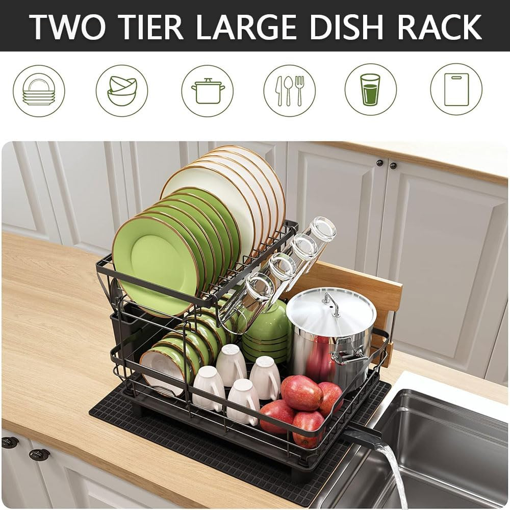 2-Tier Stainless Steel Dish Drying Rack for Kitchen Counter -Detachable Large Dish Drainer Set, Utensil & Cutlery Holder for Kitchen Storage & Organisation (Black) image number 2