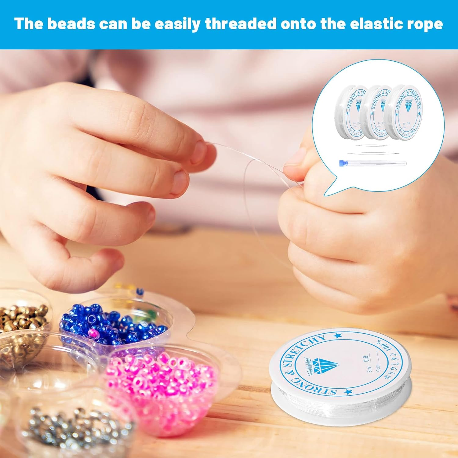 Elastic String for Bracelets, Bracelet String, 6 Rolls Premium Elastic Cord and 2 Pcs Open Beading Needle, Jewellery Elastic, Bracelet Making Kit, Perfect for DIY Jewelry and Beads Making! image number 3