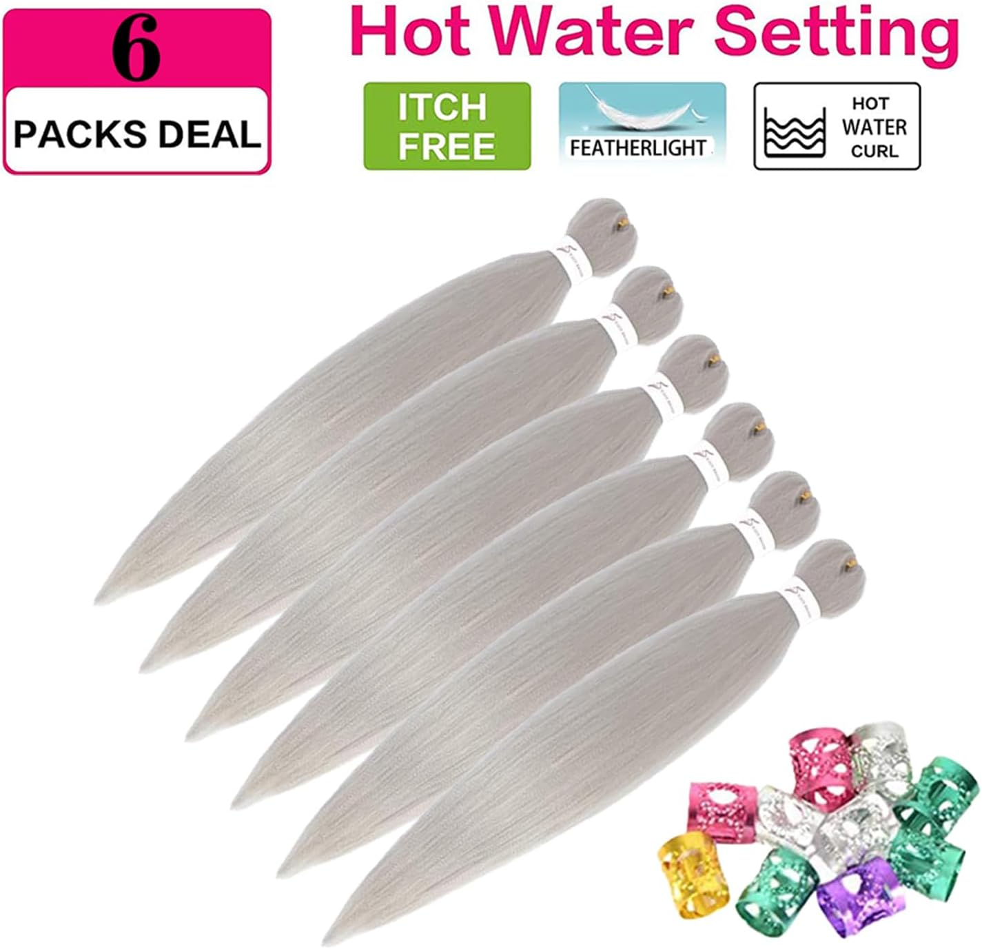 Xusuperb 30 Inch Long Pre Stretched Braiding Hair Silver Grey Easy Braids Extensions Silver Kanekalon Synthetic Hair for Braiding 6 Packs Pre-Stretched Braiding Hair Yaki Braids Hair Extensions (Grey image number 4