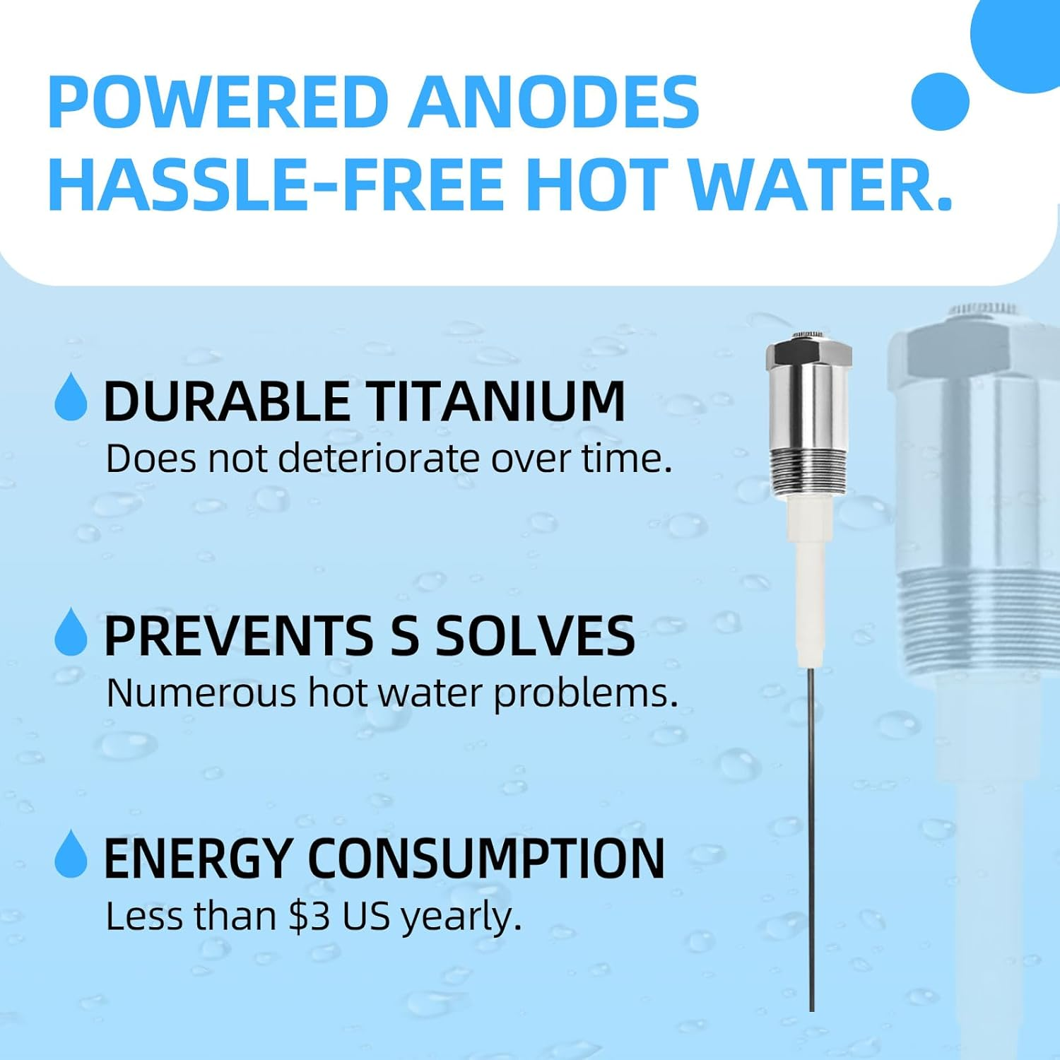 Powered Anode Rod for Water Heater Tank, Electrical Anode Rod, Eliminates Rotten Egg Smell (For 10-39 Gallon Tank) image number 3