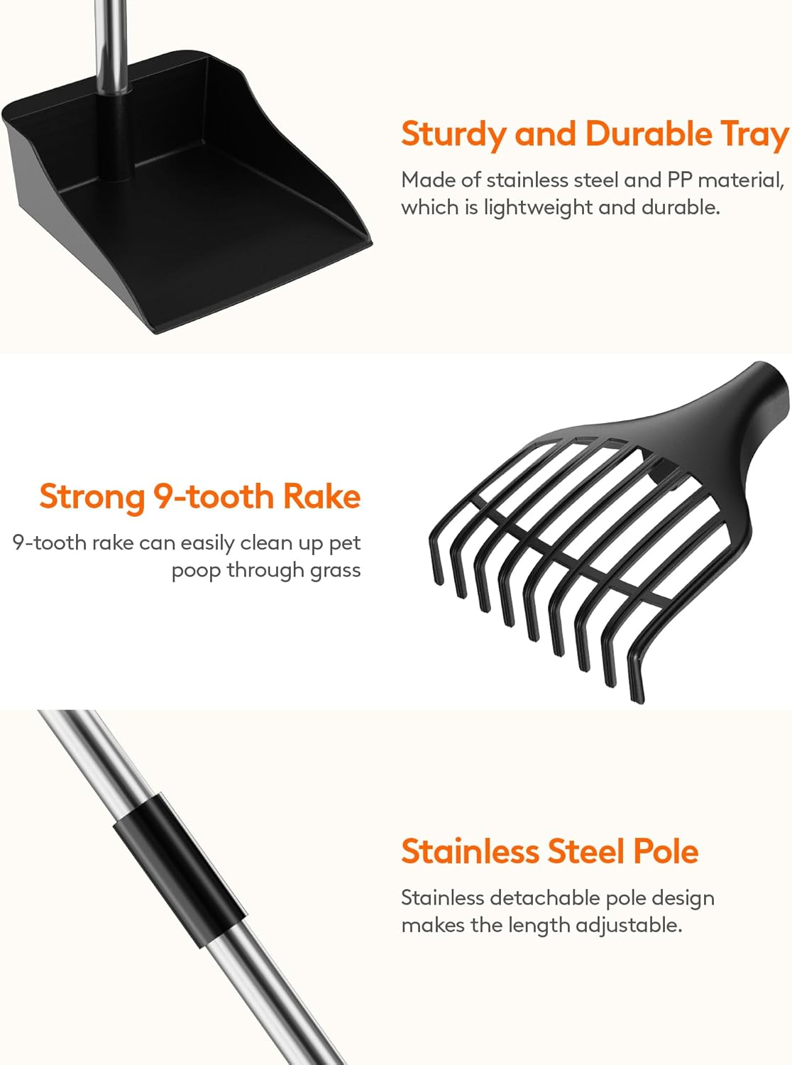 Lifewit Dog Pooper Scooper Plastic, Adjustable Stainless Metal Pole Long Handle Poop Scoop Set with Rake and Tray for Lawns, Yard, Grass image number 5