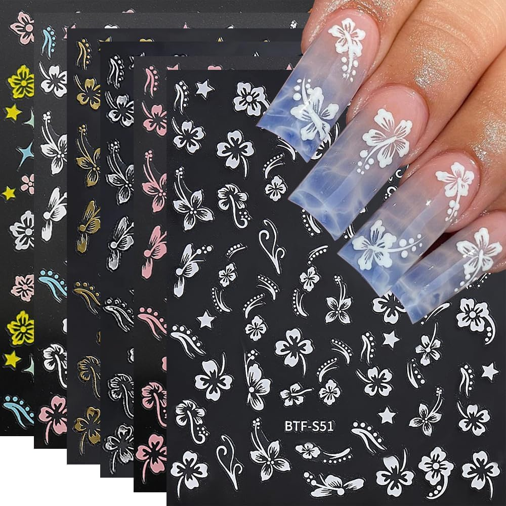 6Sheets Hibiscus Flowers Nail Stickers, 3D Self-Adhesive White Pink Gold Flower Pattern Nail Decals Manicure Tropical Accessories for Women Girls image number 4