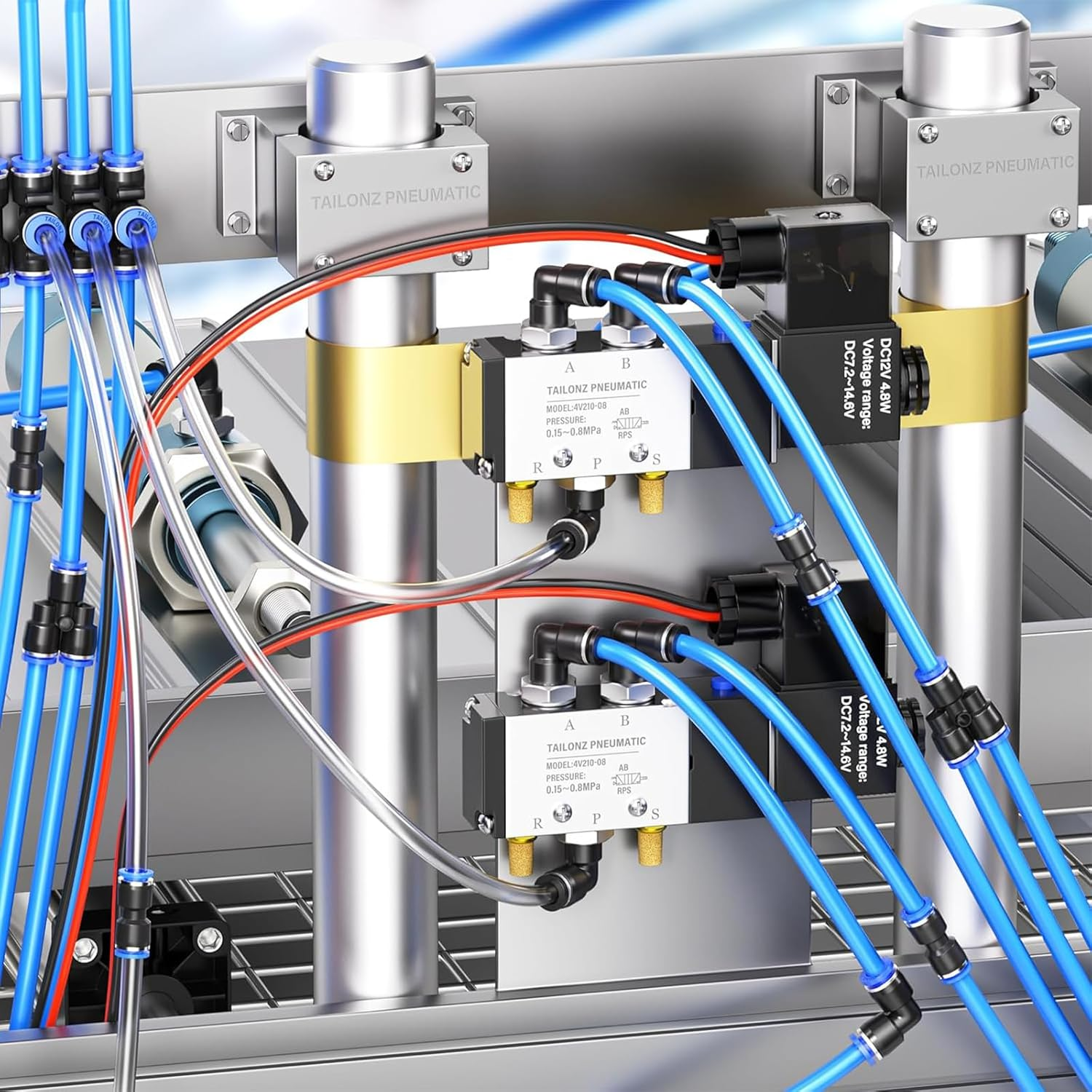 Tailonz Pneumatic Blue Tee 3 Ways - 12MM Tube OD Push to Connect Tube Quick Fittings Push Lock PE-12 (Pack of 2)