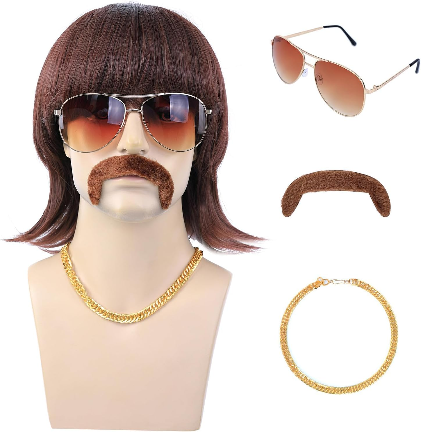 5Pcs Set 70S 80S Disco Wig with Mustache Glasses and Chain | Short Brown Mens Mullet Wig for 60S Singer Rocker Hippies Costume Cosplay Halloween Party image number 1