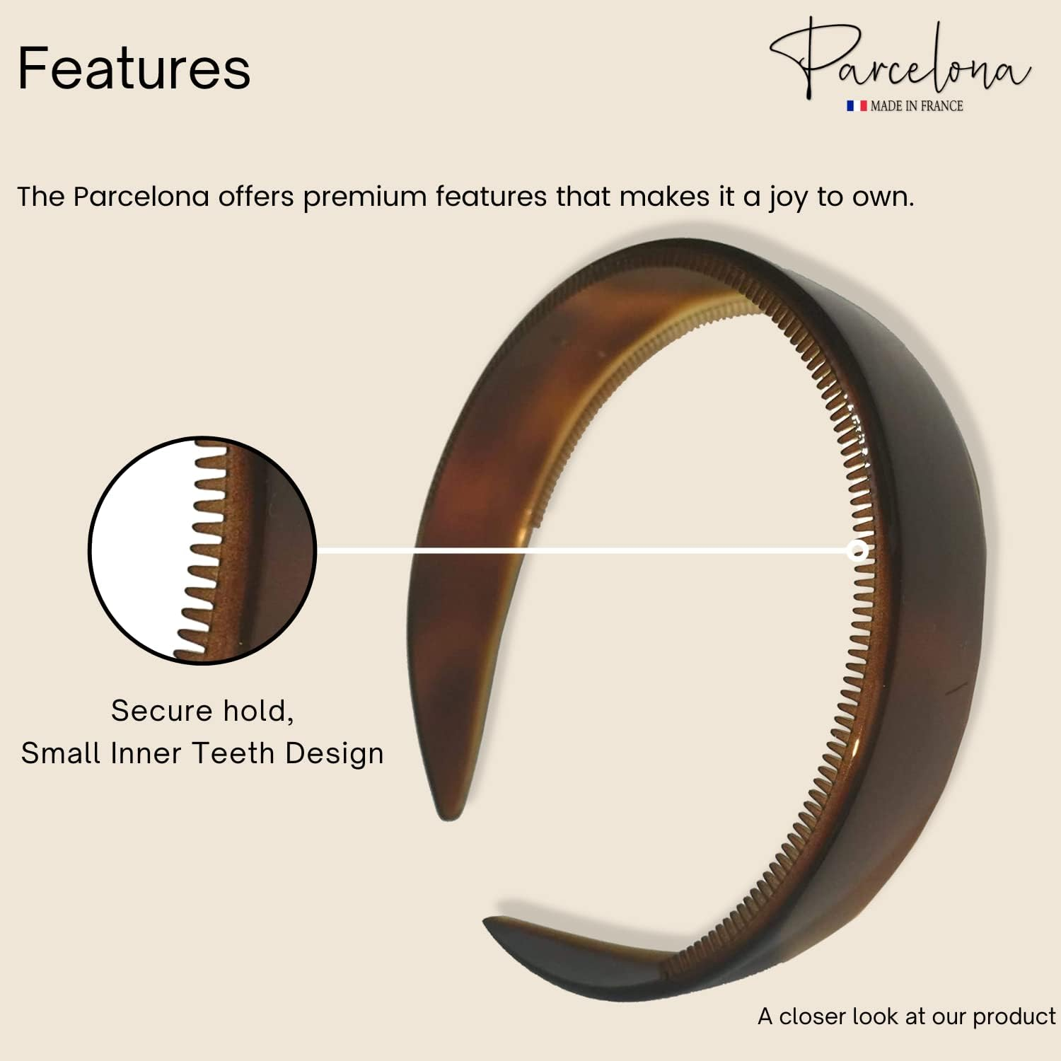 Parcelona French Extra Wide Tortoise Shell Brown Celluloid Inner Nibs Flexible Hair Headband Fashion Headband for Women Strong Hold Grip No Slip Durable Styling Girls Hair Accessories, Made in France image number 6