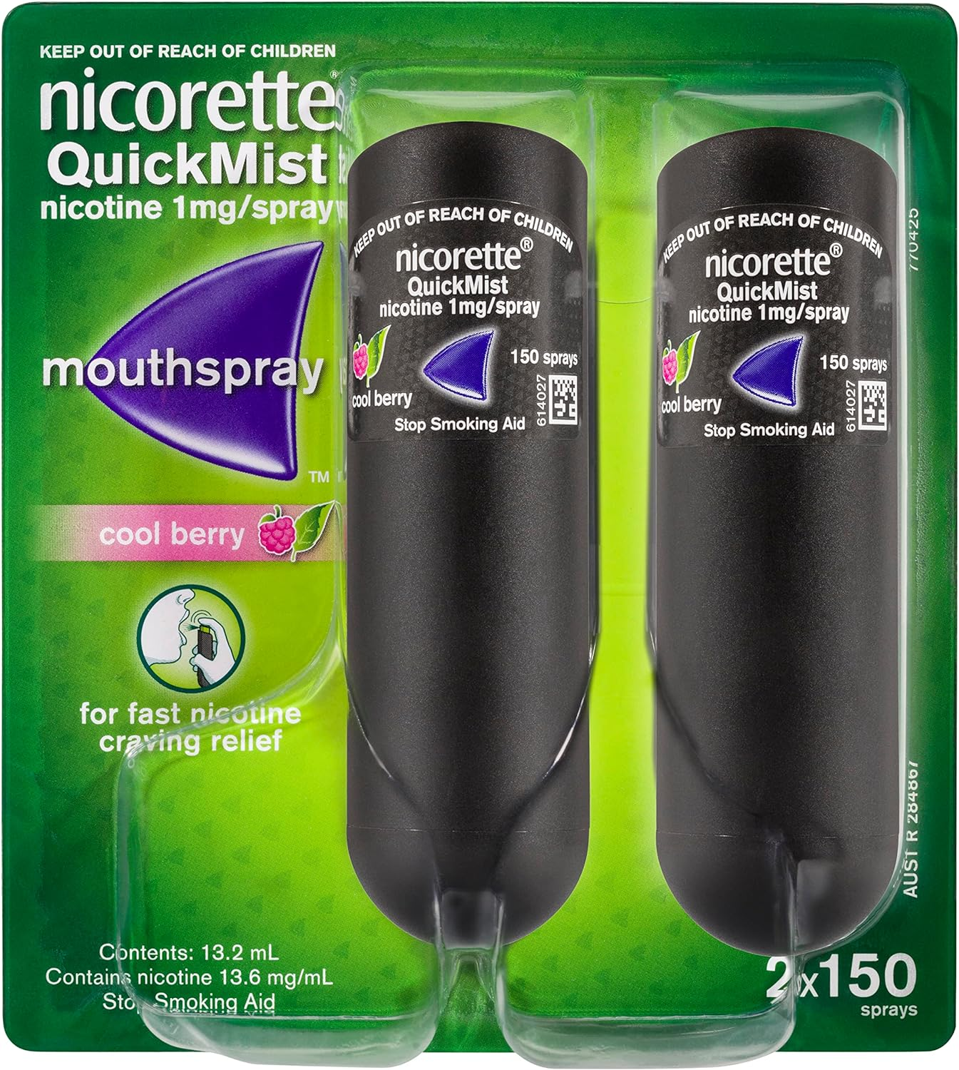 Nicorette Quit Smoking Quickmist Nicotine Mouth Spray Cool Berry 2 X 150 Sprays