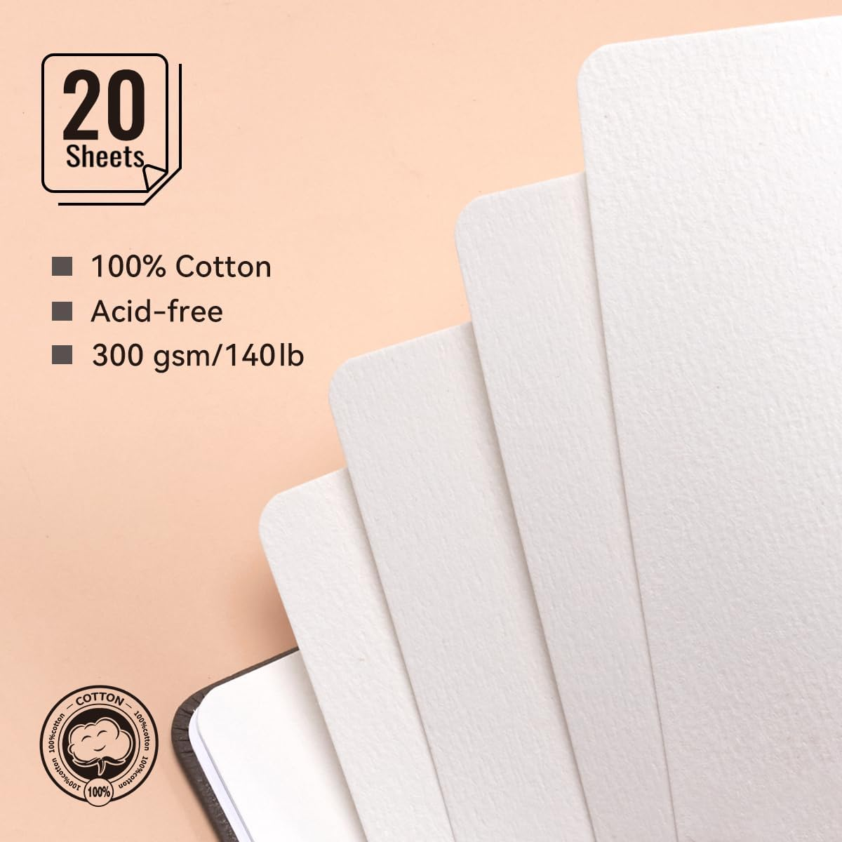 Lightwish Square Watercolor Journal, 100% Cotton Cold Press Watercolor Paper Sketchbook 7.48&rdquo;X 7.48&rdquo;, 20 Sheets (140Lb/300Gsm), Acid-Free for Watercolors, Gouache, Acrylics image number 2