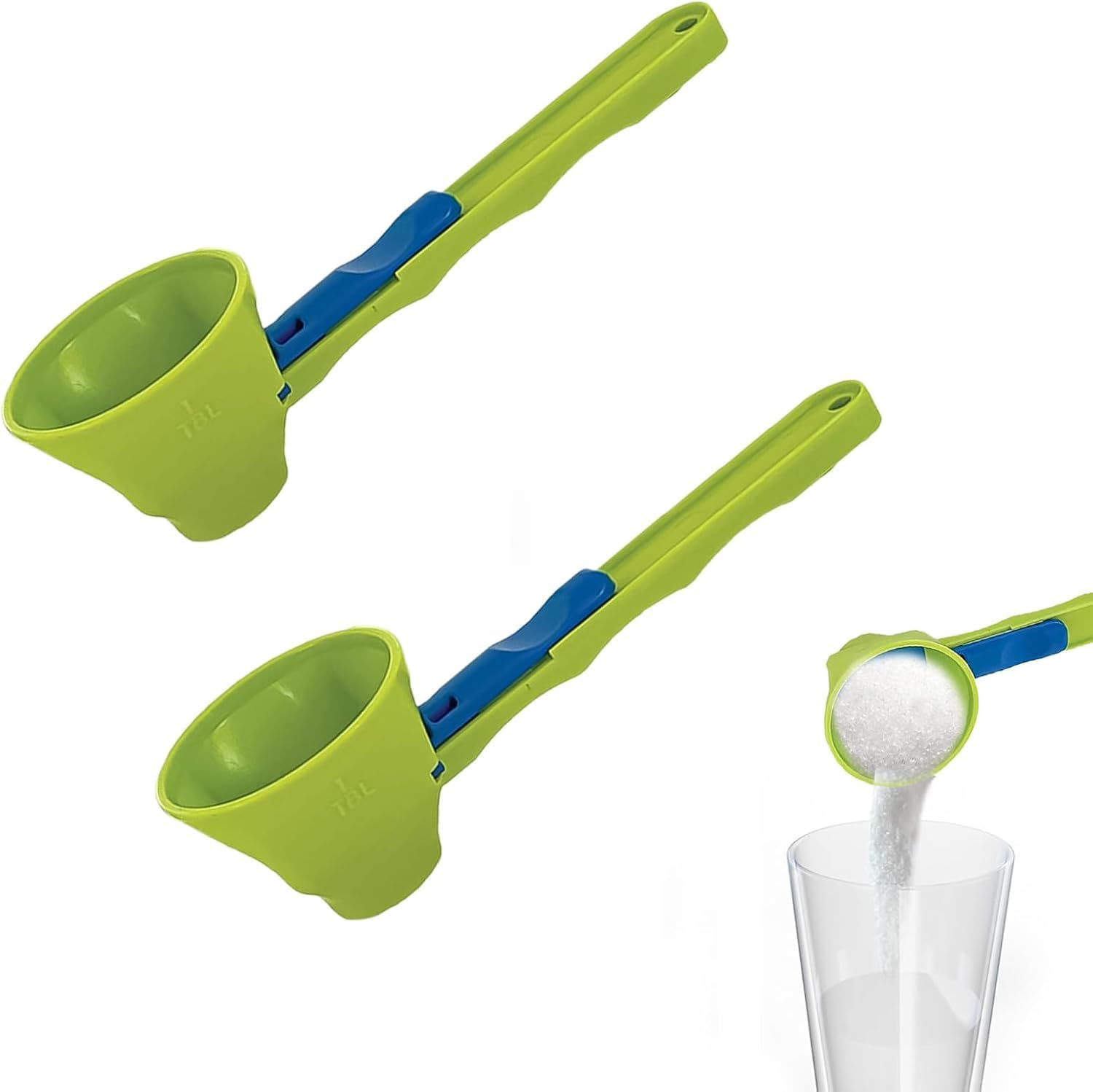 2 Pcs Sliding Measuring Scoop with Funnel, Powder Funnel Scoop with Longer Handle,Coffee,Protein Powder Scoop,No Spill Water Bottle for Supplements (Blue/Green)