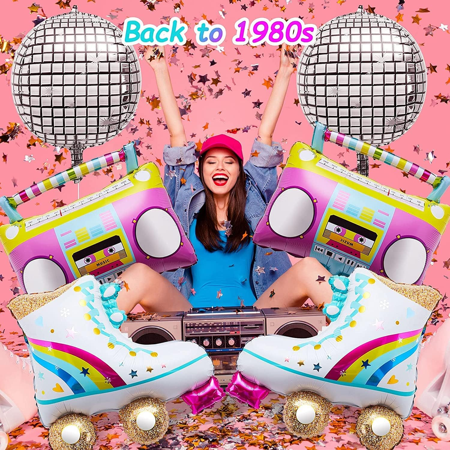 Yamibobo 6 Pcs Rainbow Roller Skate Boom Box Balloon 22 Inch Disco Foil Balloons 80S 90S Retro Theme Party Balloons for Wedding Anniversary Hip Hop Theme Party Supplies image number 4