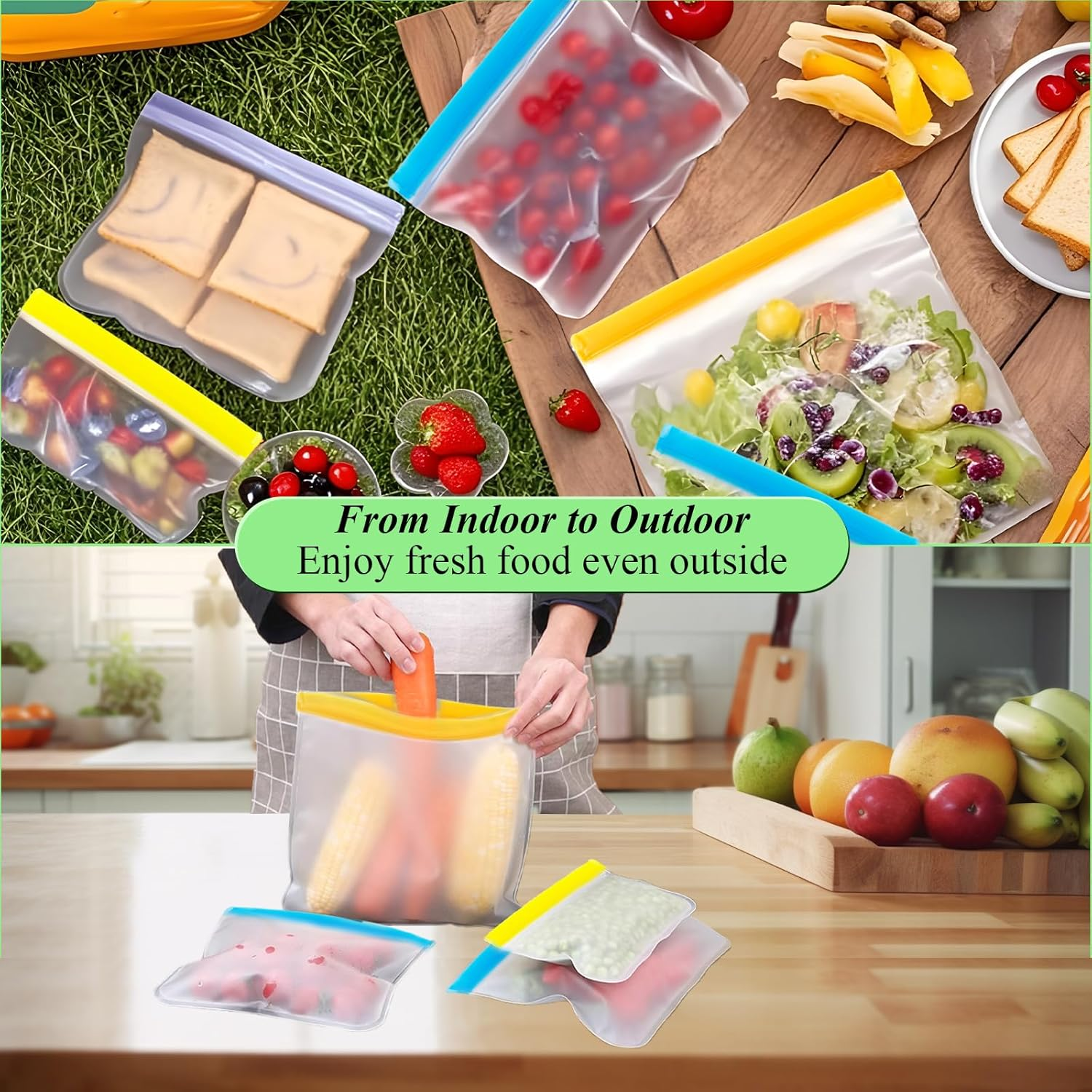 24 PCS Silicone Food Storage Bags,Reusable Freezer Bags, for Kitchen Storage Organisation, Ziplock Bag,Thicken Silicone Food Storage Bags, Vegetable Lunch Meat Food Sub-Bag, Dishwasher Safe image number 1