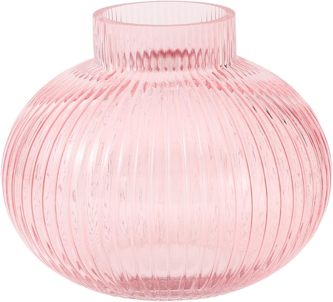 Pink Glass Vase for Flowers, Ribbed Glass Vase, round Flower Vases for Tulips, Short Vases for Living Room, Office, Coffee Table, Shelf, Wedding, 6 Inches image number 5