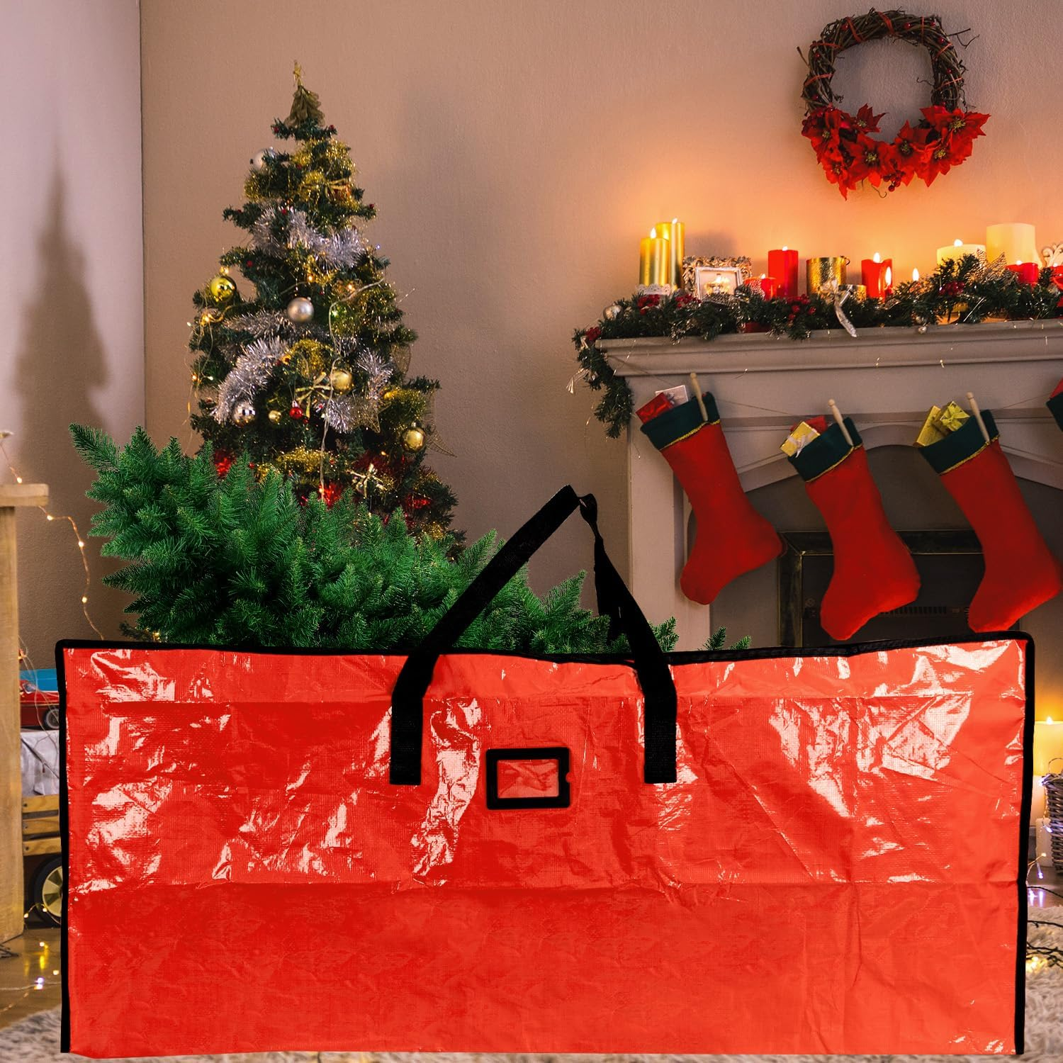 Christmas Tree Storage Bag, Heavy Duty 9 Ft Artificial Xmas Holiday Tree Storage Zippered Bag with Carry Handles, Durable Waterproof Material, Protect against Dust, Insects & Moisture (Red) image number 3