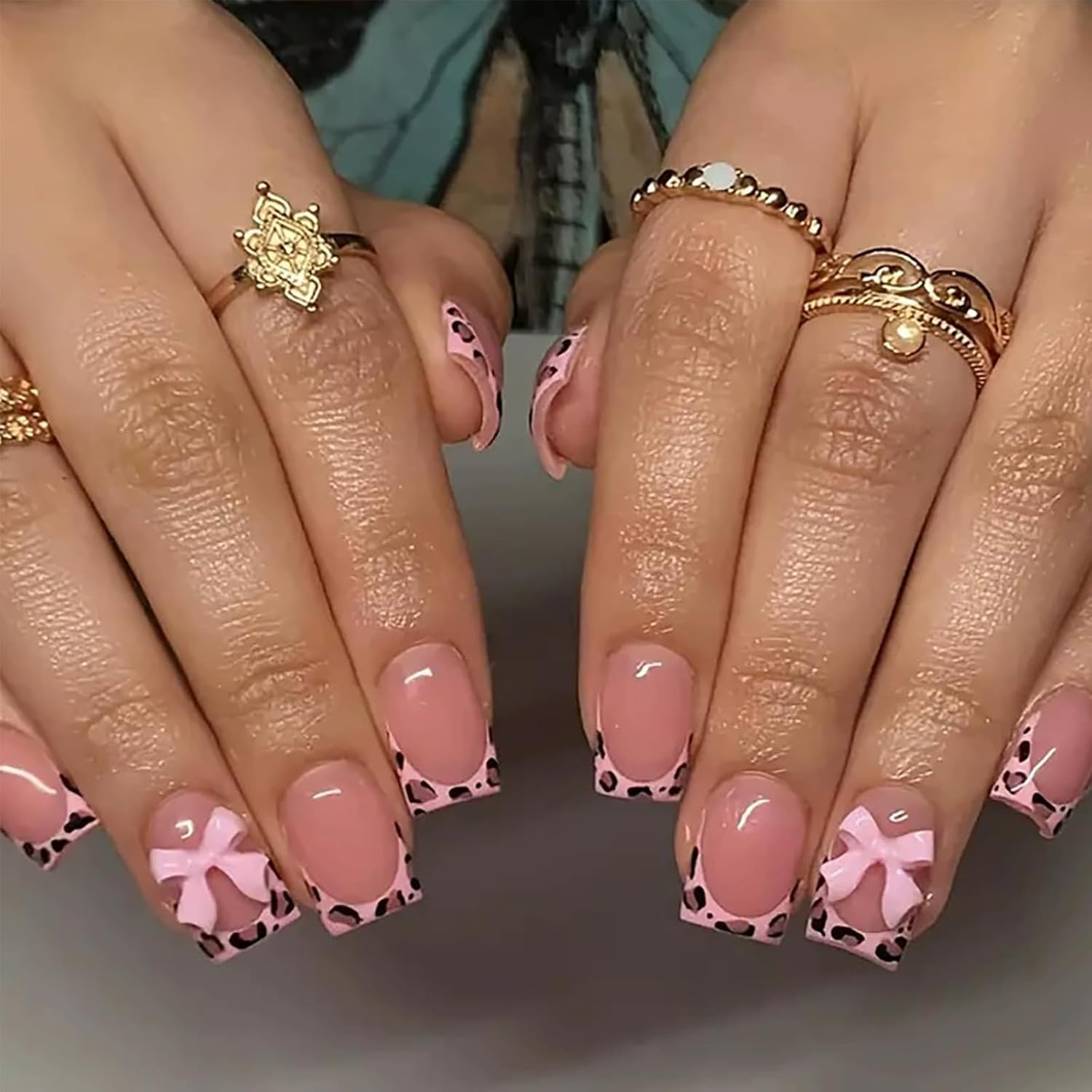 Qioon 24 PCS Leopard French Press on Nails, Short Square Nude Pink Fake Nails with Glossy Bow Designs, Full Cover Stick on False Fingernails for Women and Girls, Cute Manicure Decorations