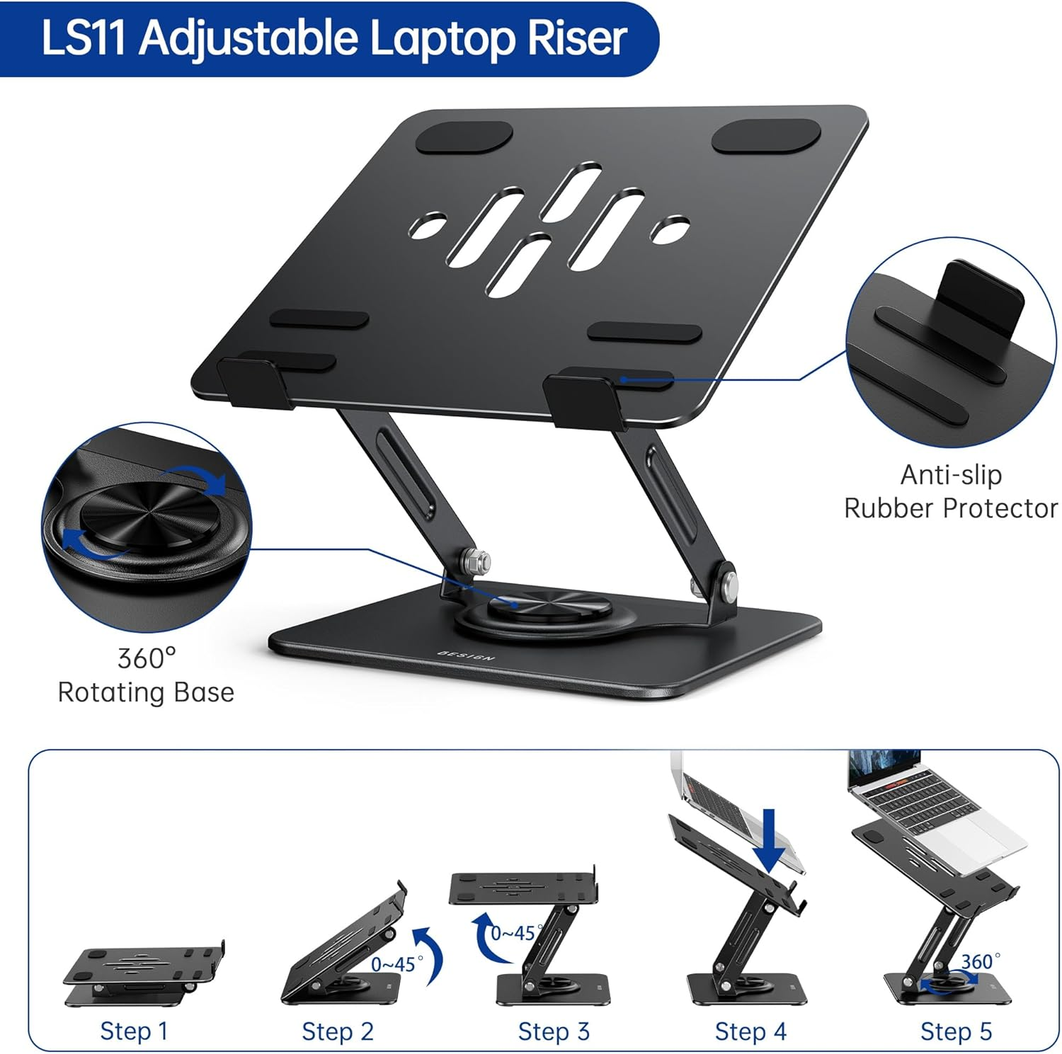 BESIGN LS11 Laptop Stand with 360&deg; Rotating Base, Ergonomic Adjustable Notebook Holder, Riser Holder Computer Stand Compatible with Air, Pro, Dell, HP, Lenovo More 10-14" Laptops (Black) image number 3