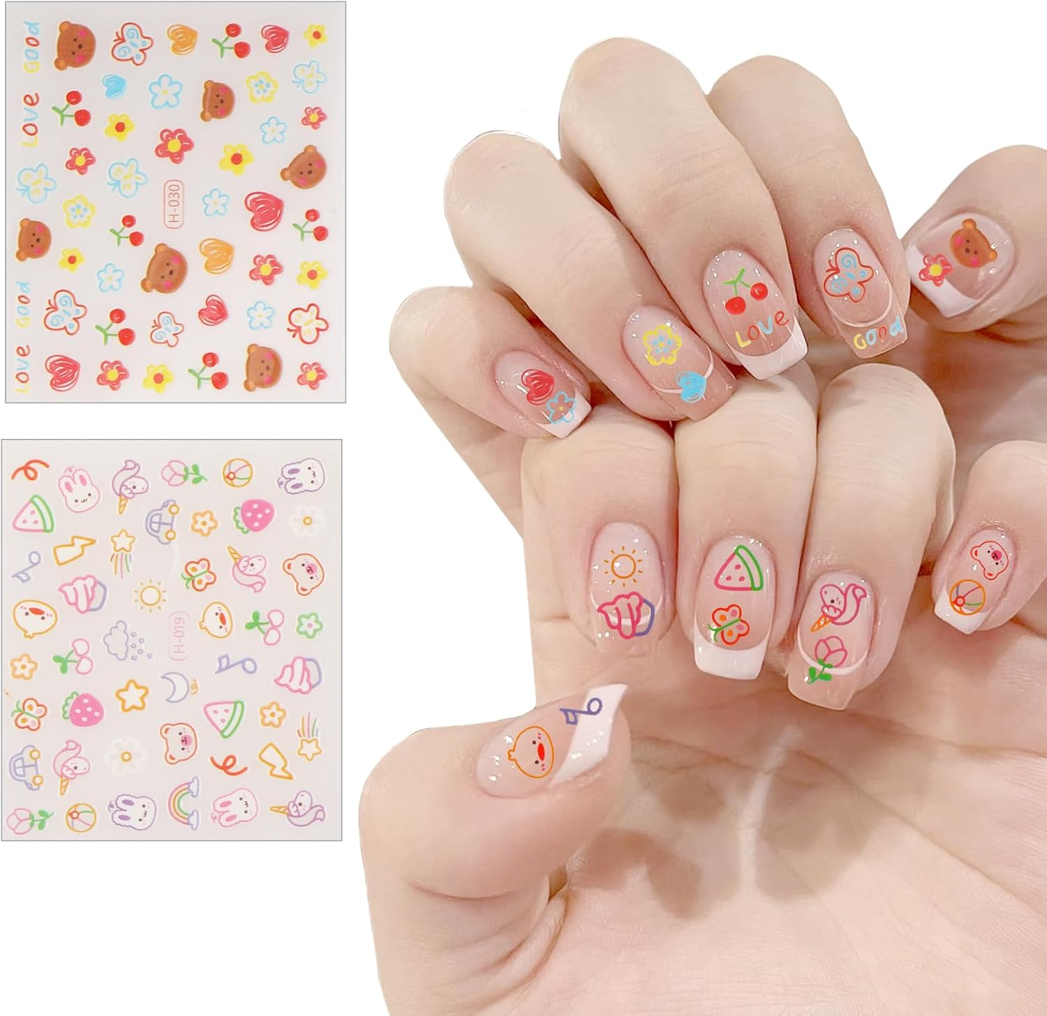WD&CD 30 Sheets Colorful Cute Nail Art Stickers Decals Self Adhesive Nail Stickers Nail Art Supplies Colorful Flower Stickers Floral Rabbit Bear Heart Nail Designs Manicure Tips Charms Nail Decoration image number 2